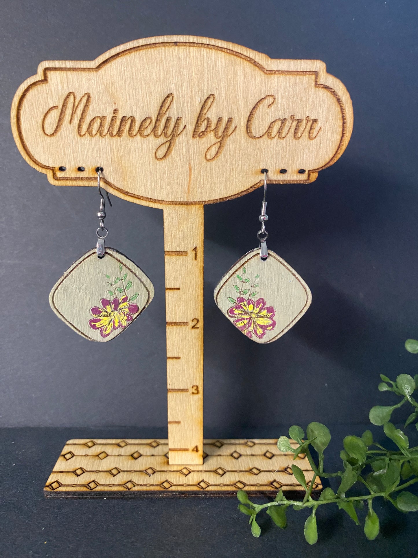 Hand Painted Purple and Yellow Flower Wooden Earrings