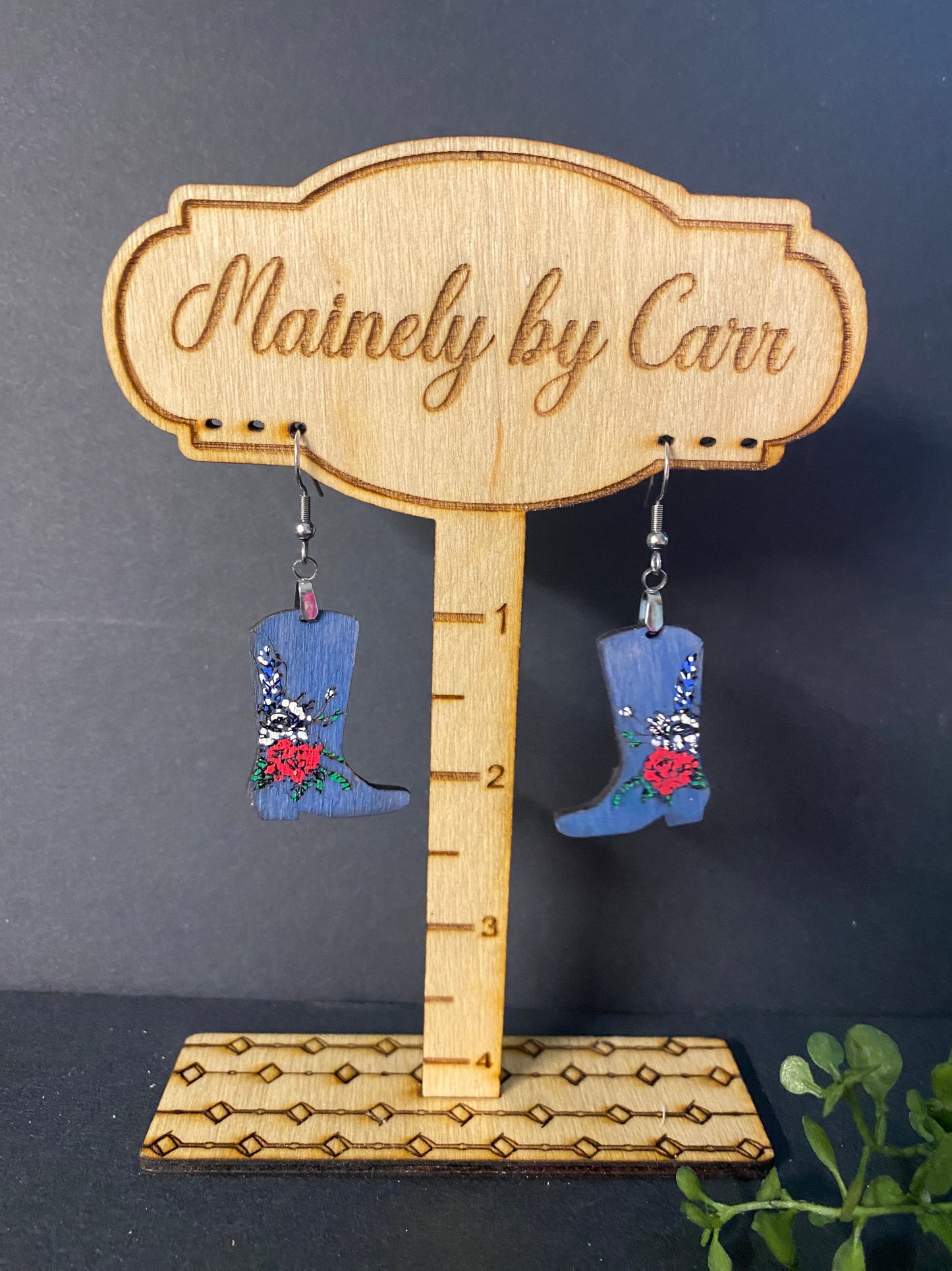Denim Blue Cowboy Boot Wooden Earrings