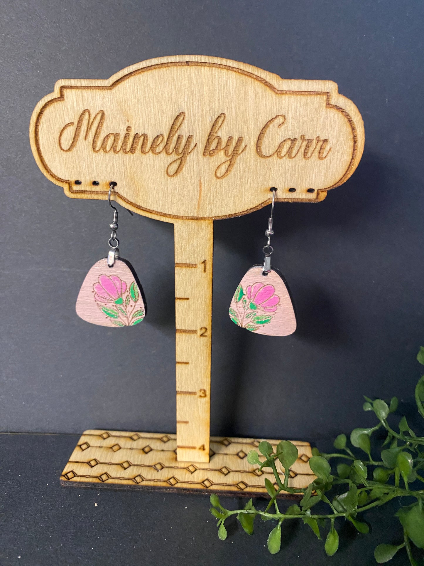 Pink Floral Wooden Earrings