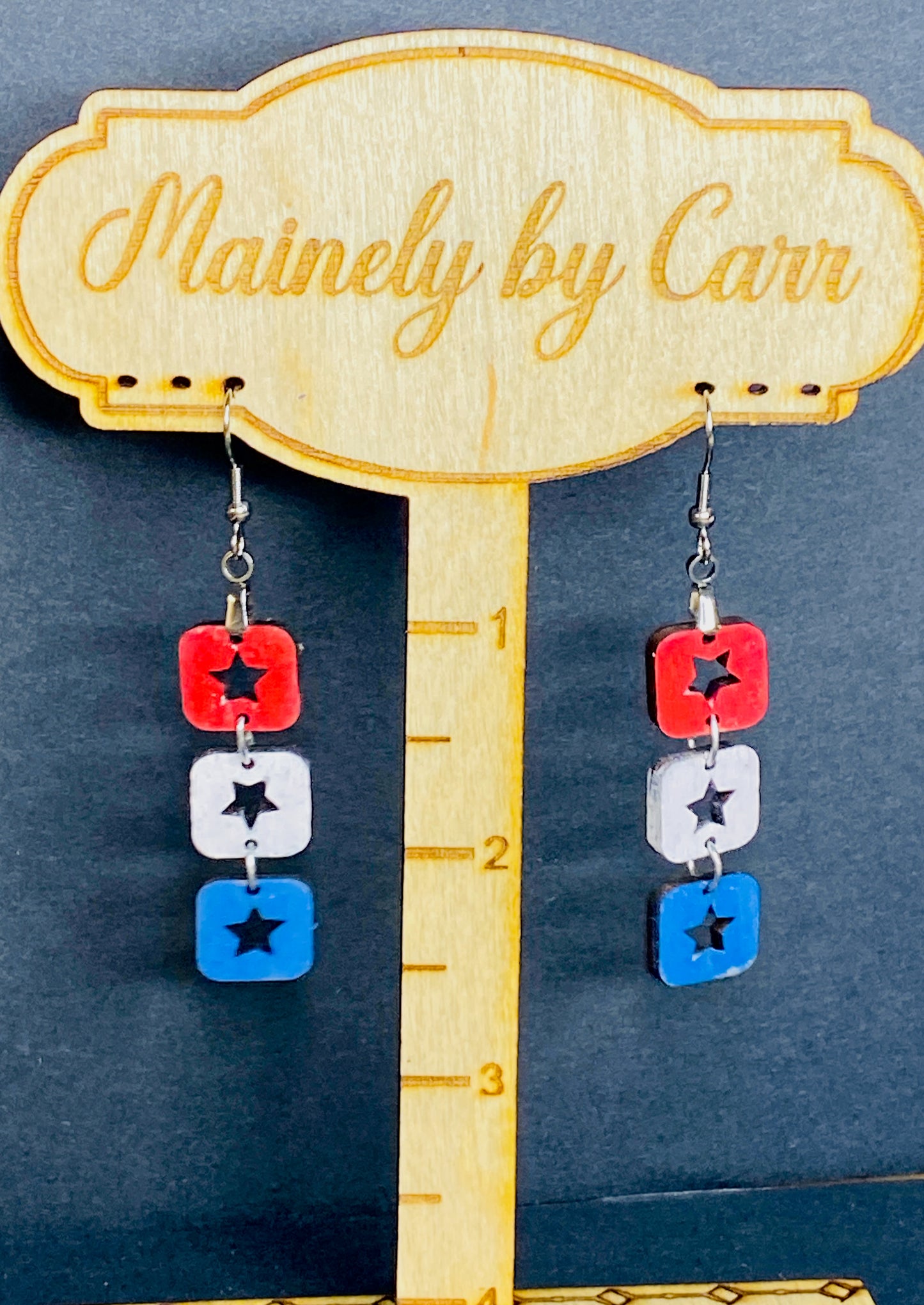 Red, White, Blue Star Dangle Wooden Earrings