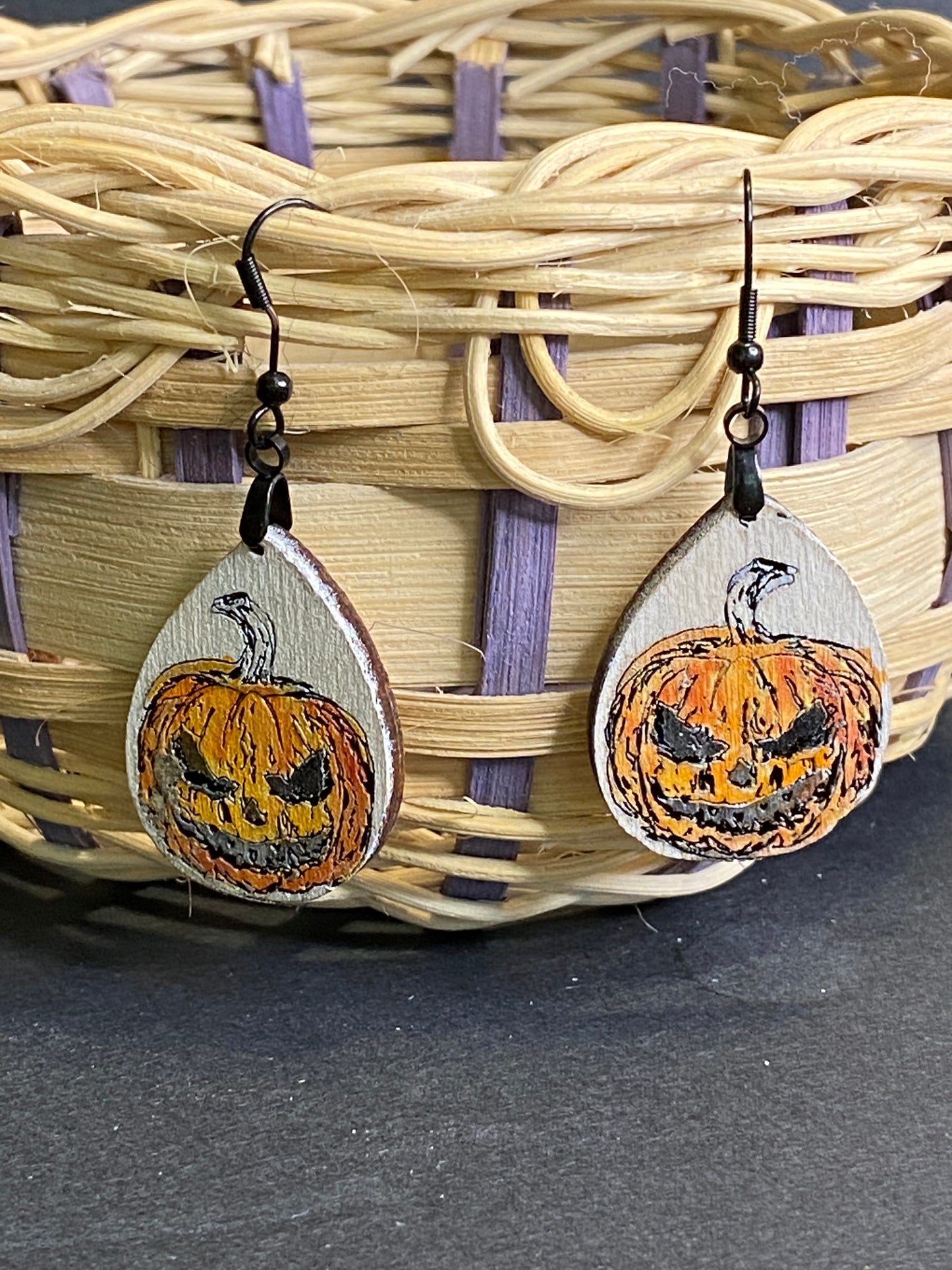 Angry Pumpkin Hand Painted Wooden Earrings