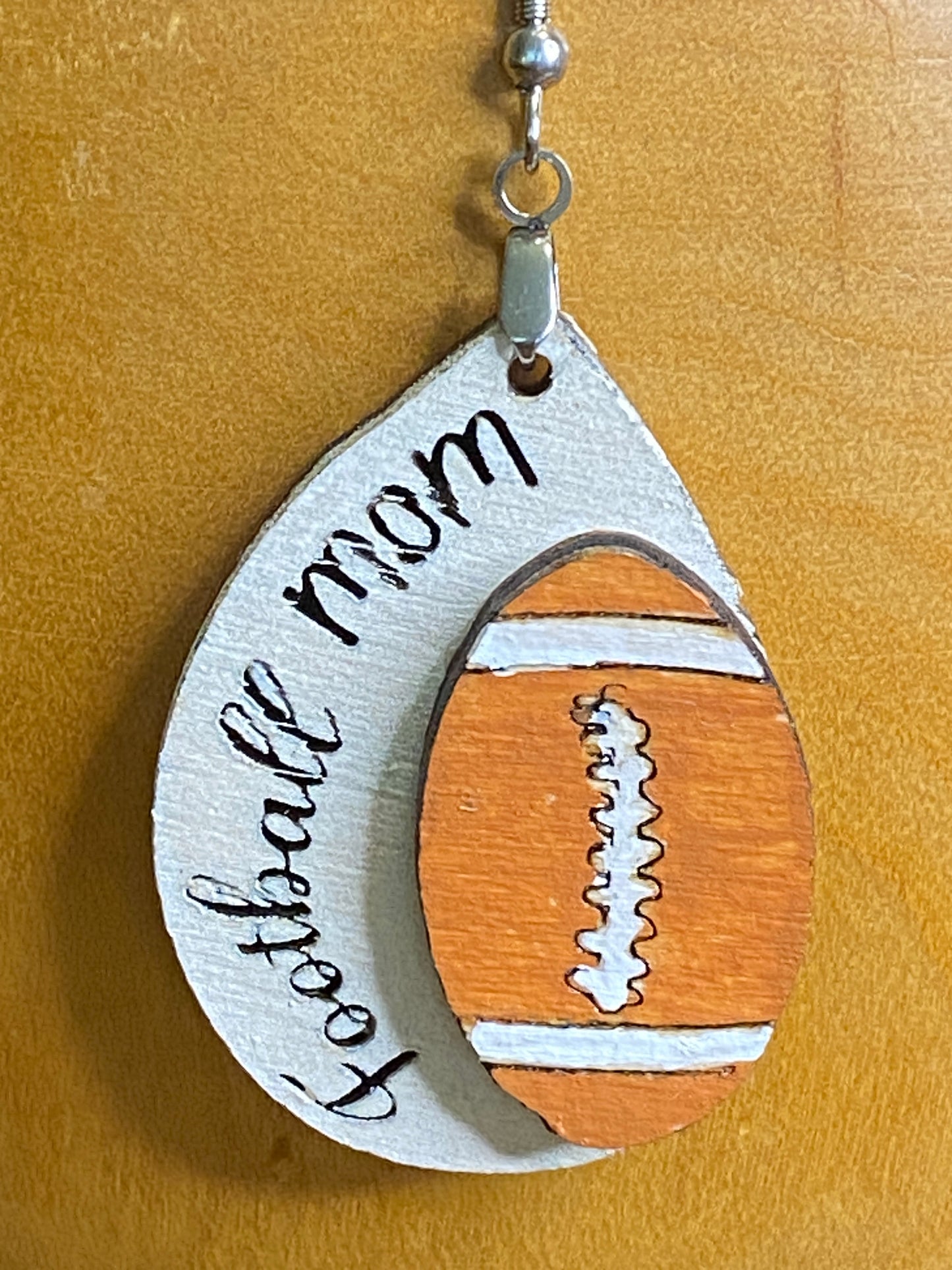 Football Mom - Hand Painted Wooden Earrings with 3D Football - School Color Football available