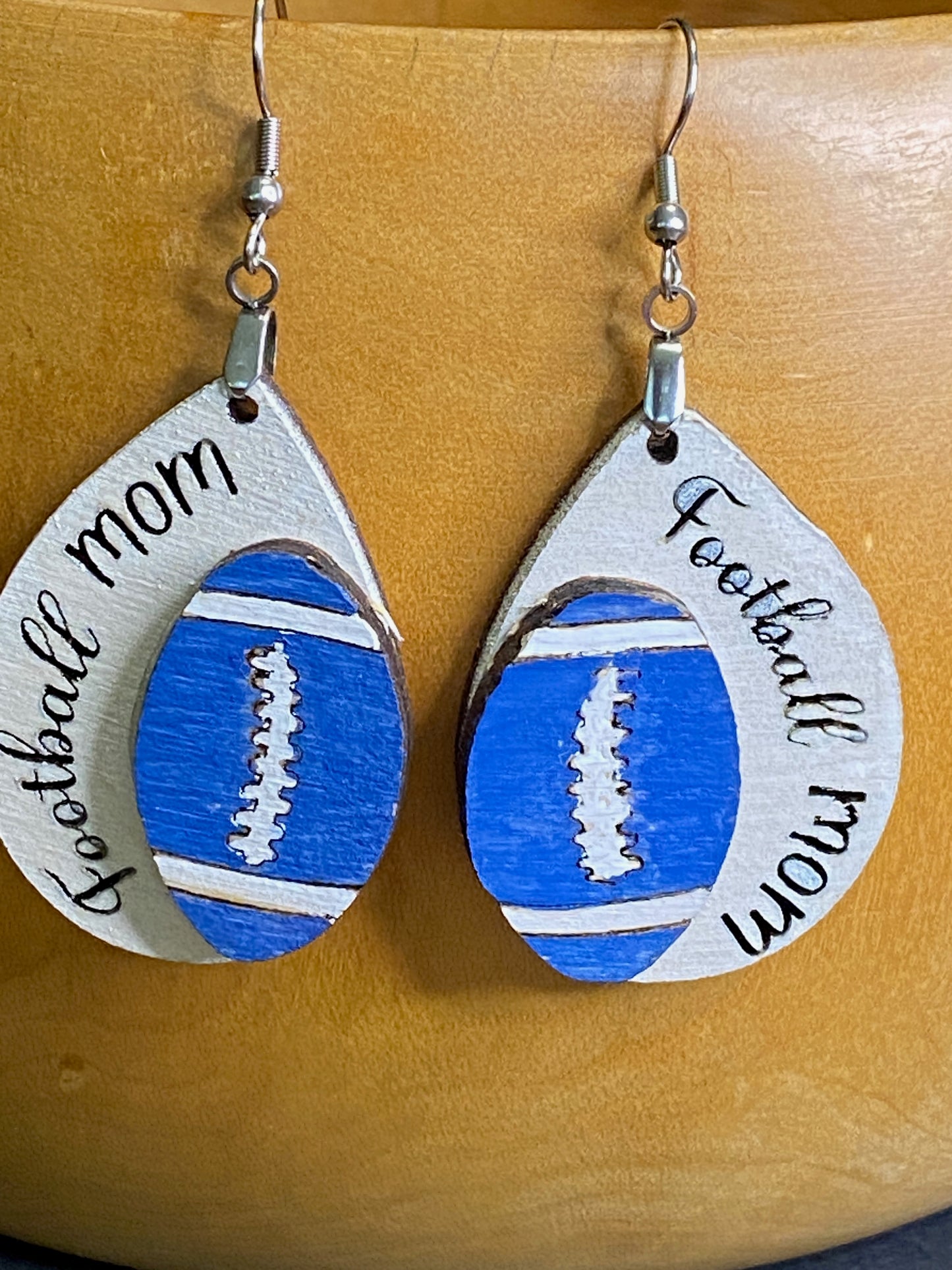 Football Mom - Hand Painted Wooden Earrings with 3D Football - School Color Football available