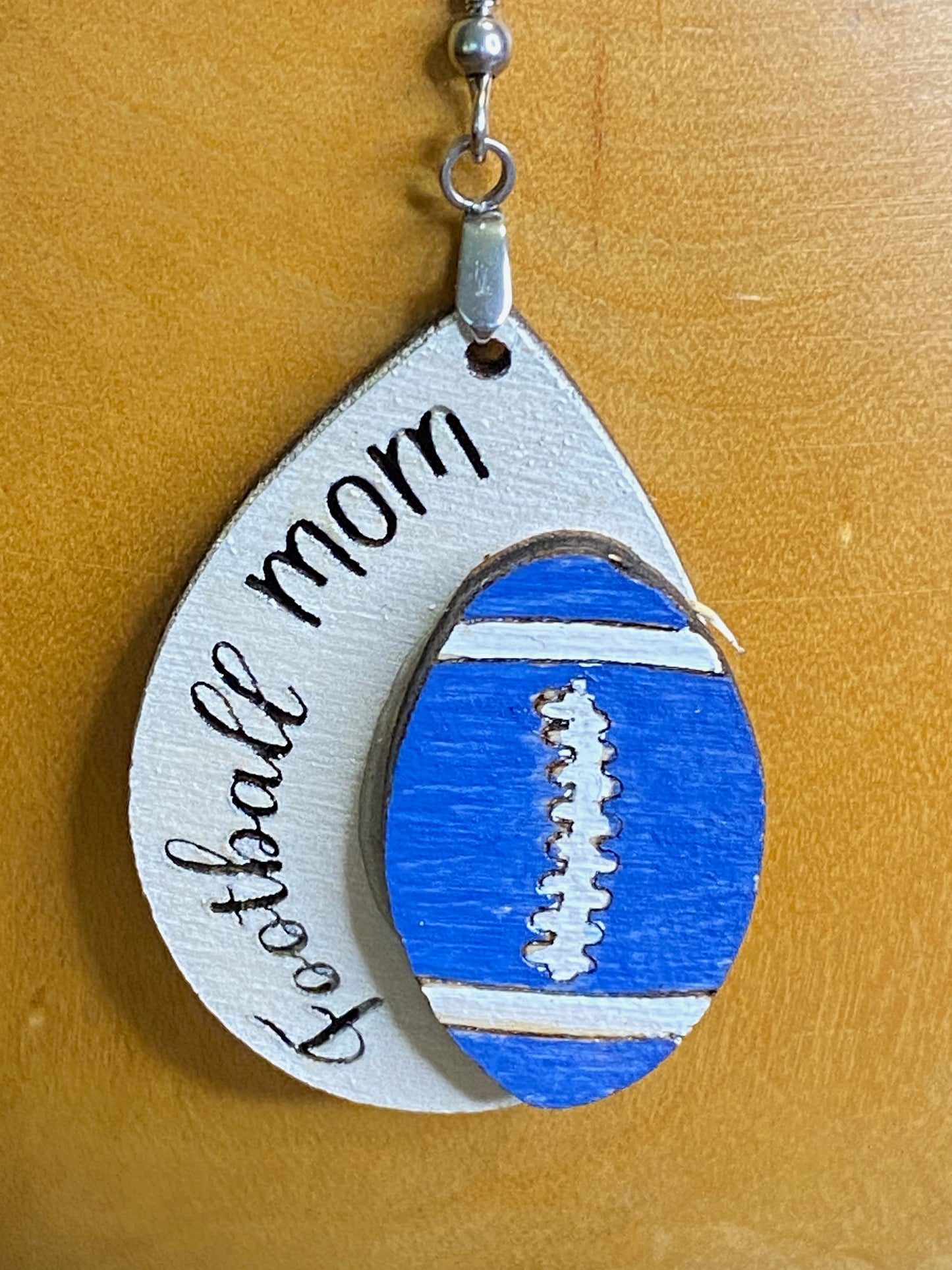 Football Mom - Hand Painted Wooden Earrings with 3D Football - School Color Football available