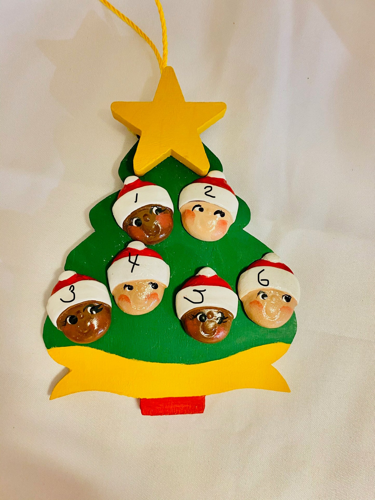 Personalized Ornament  6 Santa Faces on a Christmas Tree 4.5" x 3.5"