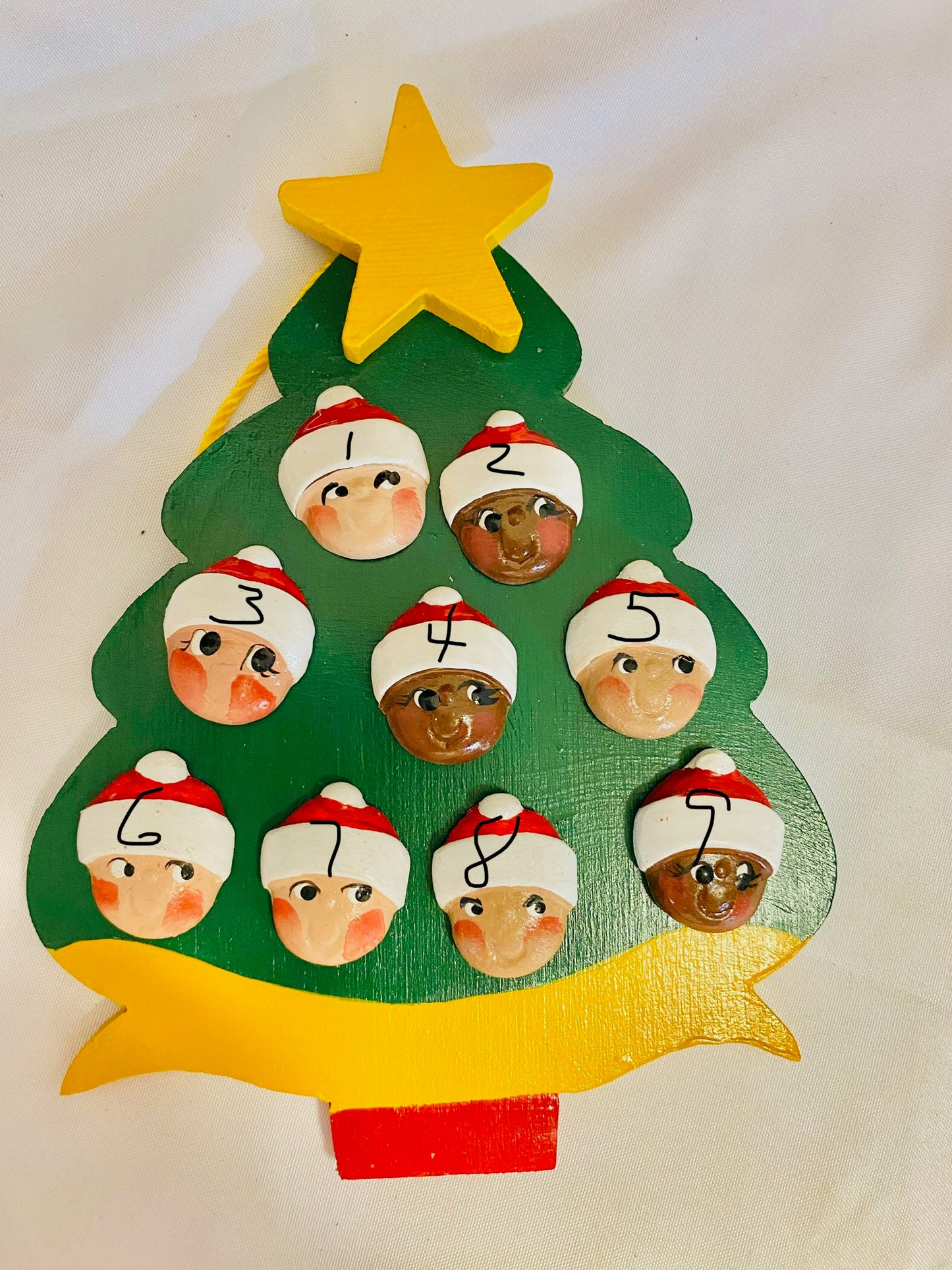Personalized Ornament  9 Santa Faces on a Christmas Tree  6"x 4.5""