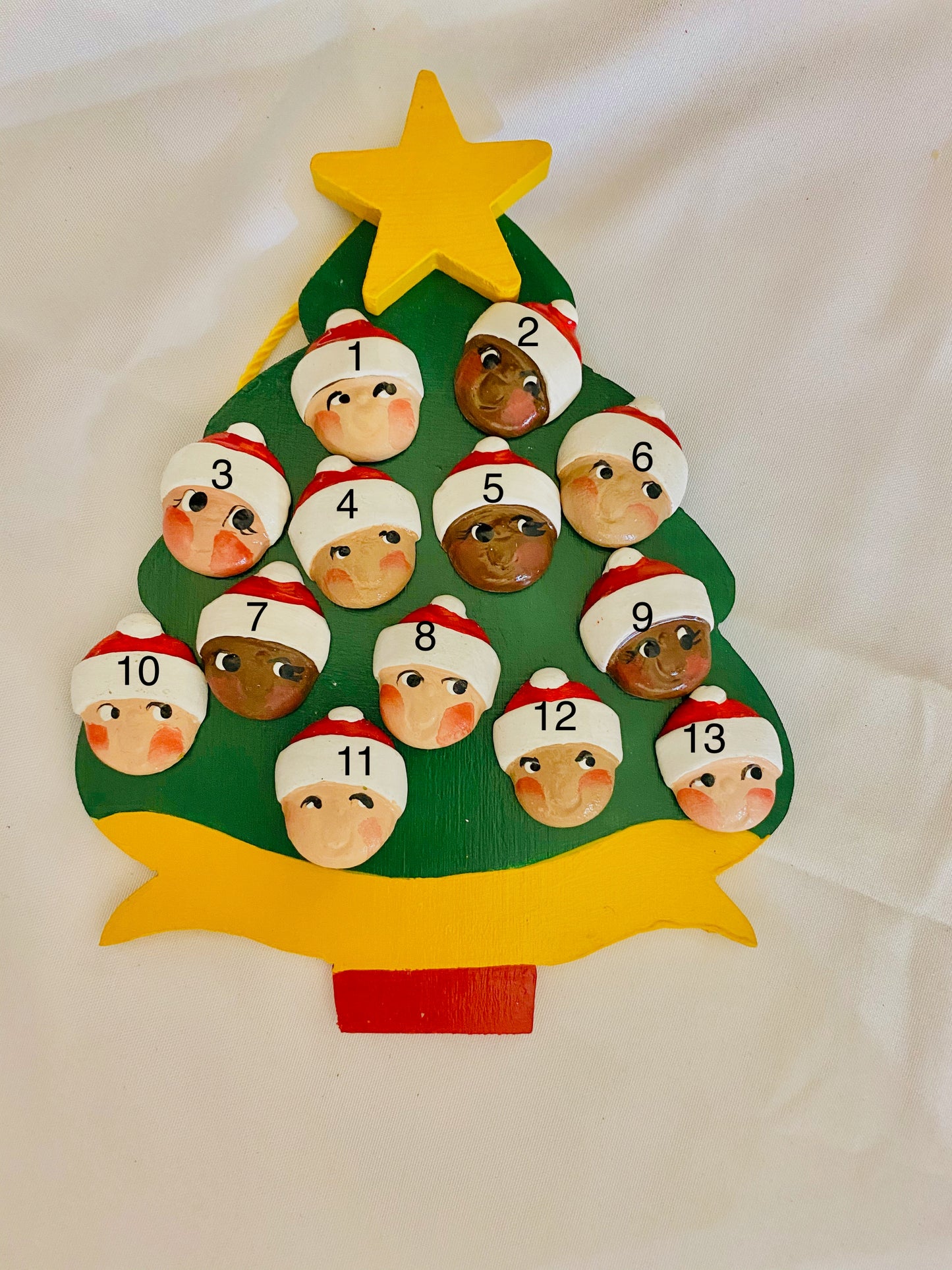 Personalized Ornament  13 Santa Faces on a Christmas Tree  6" x 4.5"