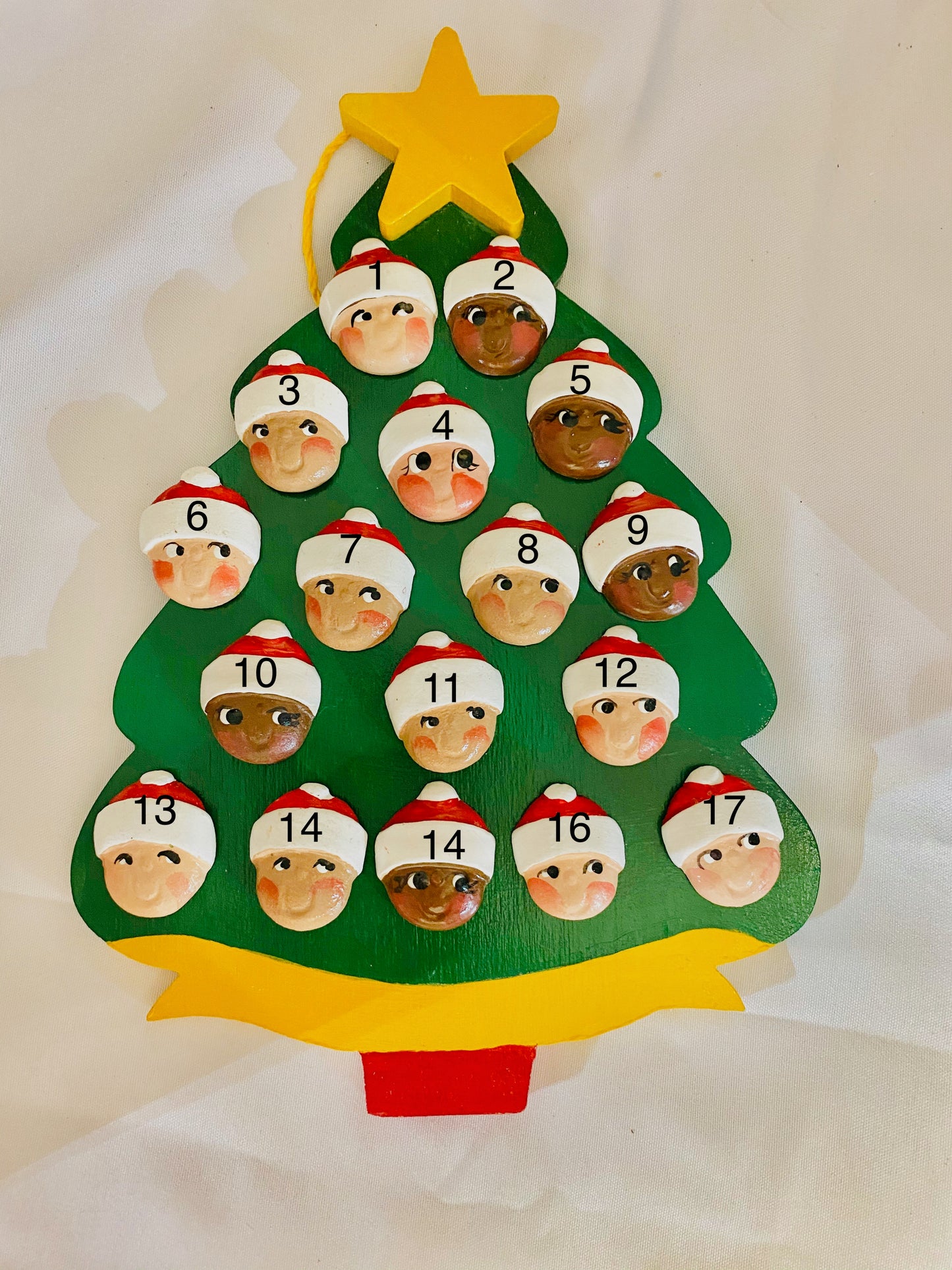 Personalized Ornament  17 Santa Faces on a Christmas Tree  7.5" x 6"