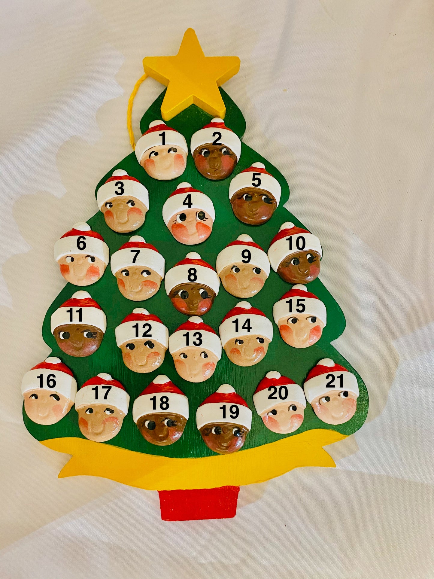 Personalized Ornament 21 Santa Faces on a Christmas Tree    7.5"x 6"