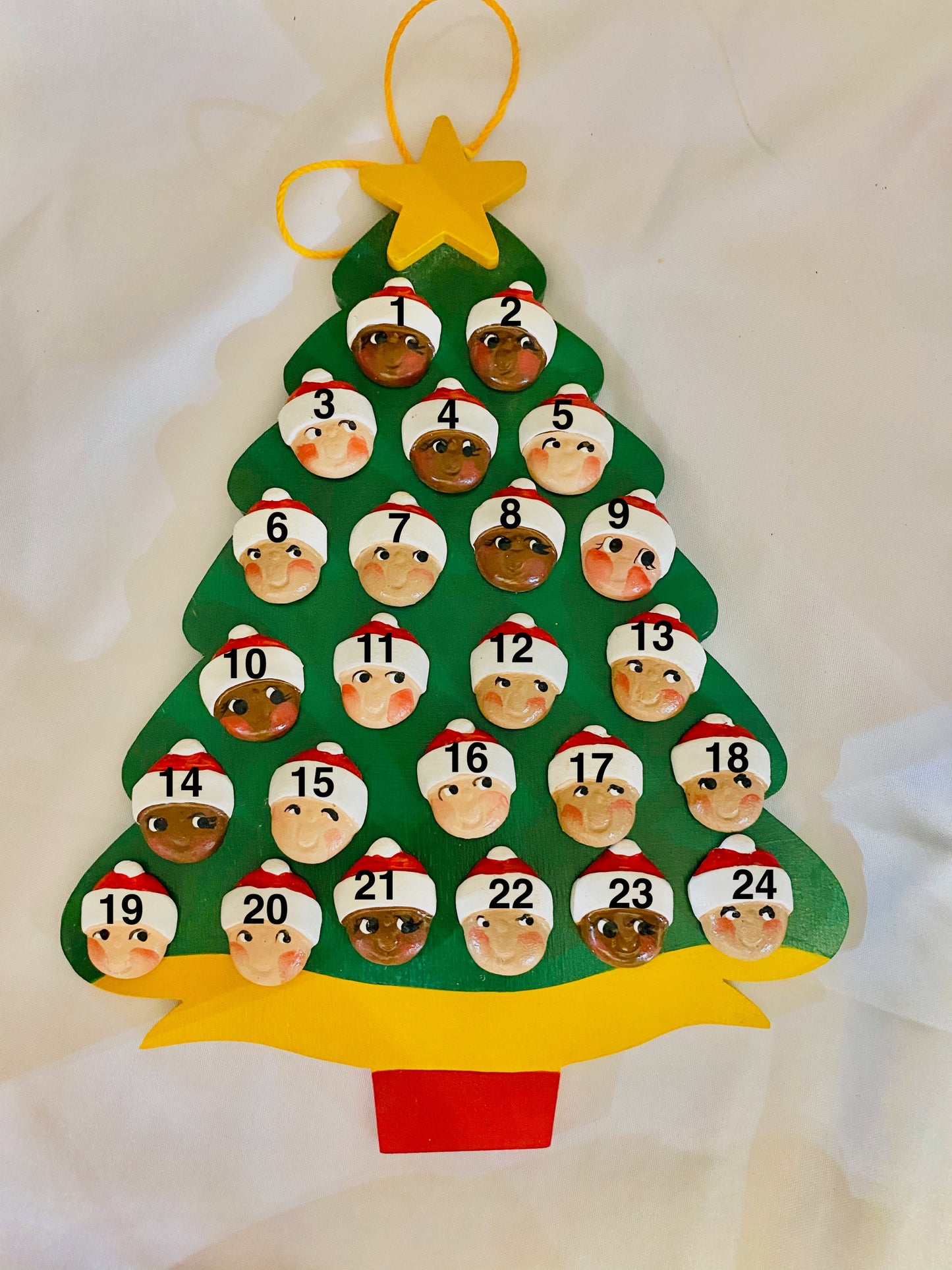 Personalized Ornament  24 Santa Faces on a Christmas Tree 8.5" x 7"