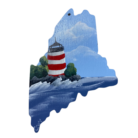 West Quoddy LIghthouse hand painted on a State of Maine ornaments 4"
