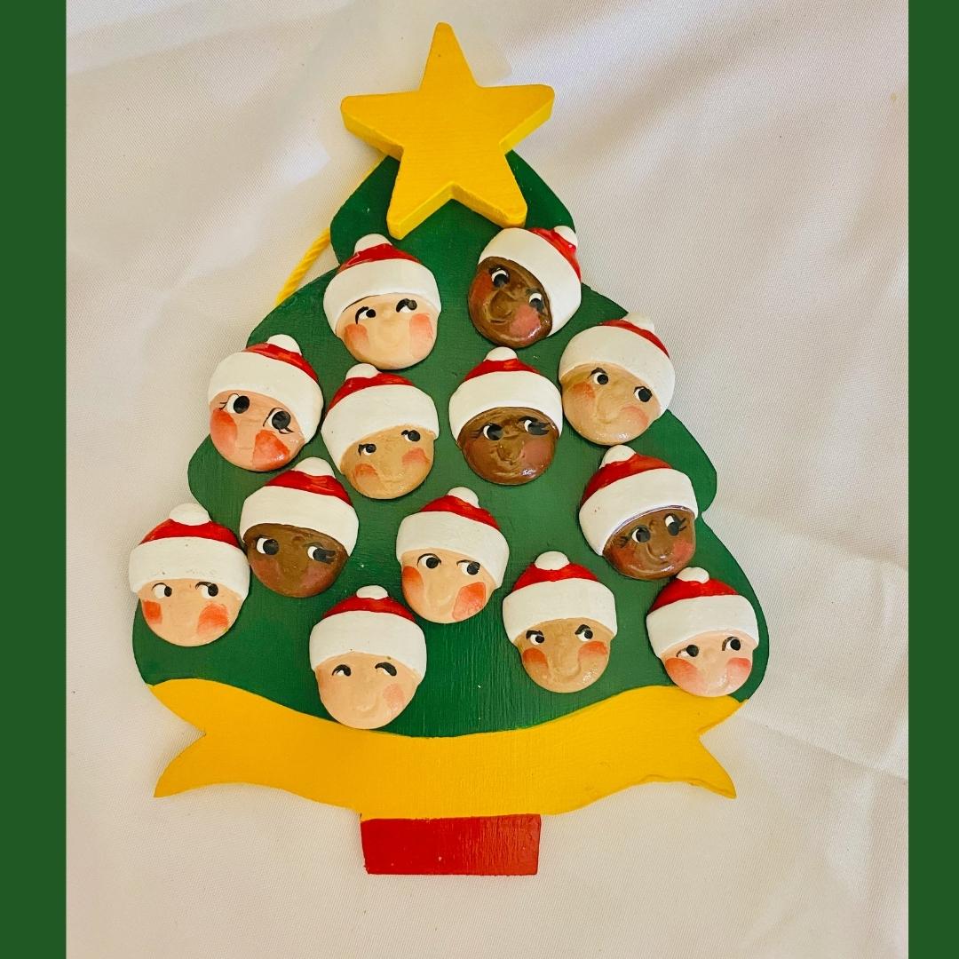 Personalized Ornament  13 Santa Faces on a Christmas Tree  6" x 4.5"