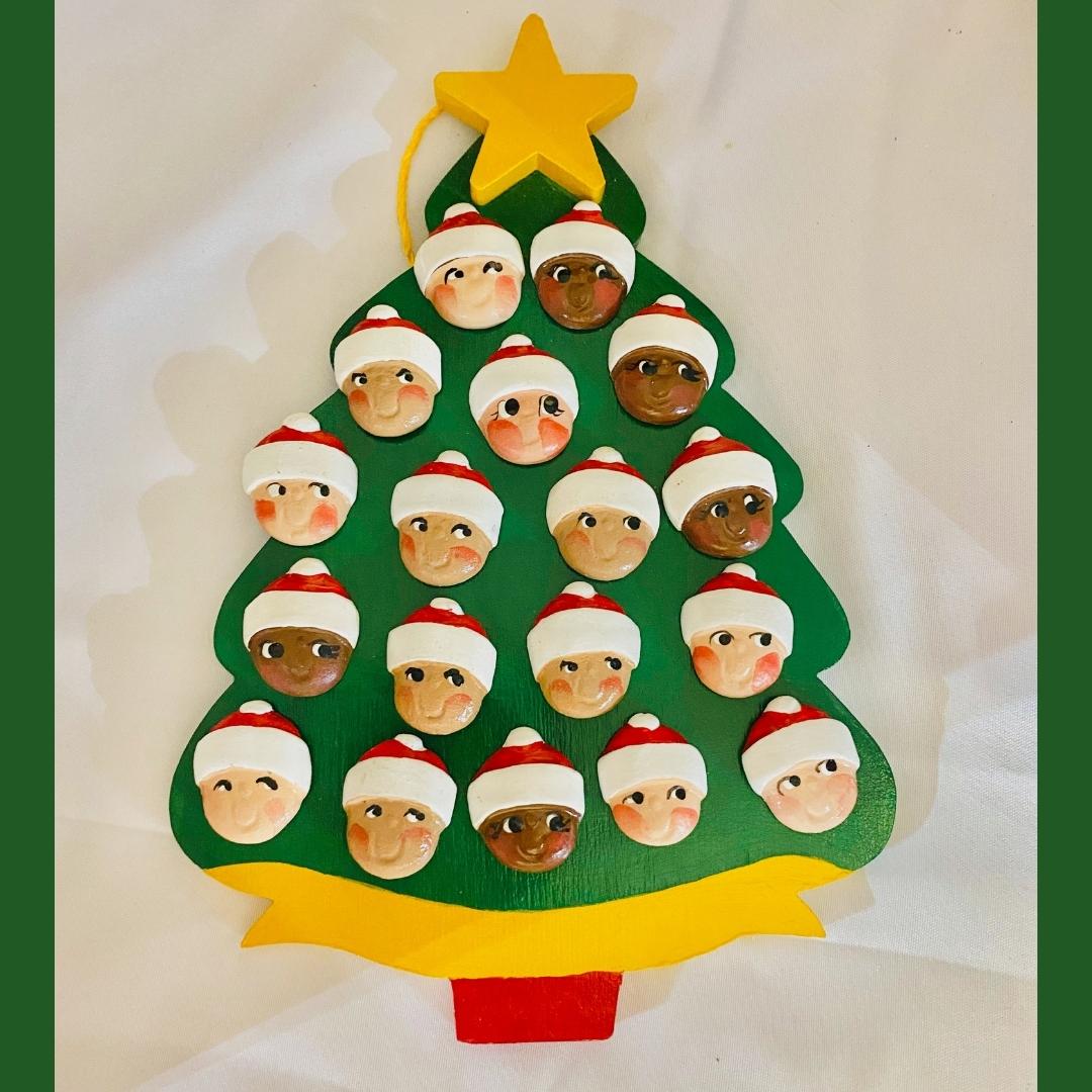 Personalized Ornament 18 Santa Faces on a Christmas Tree 7.5" x 6"