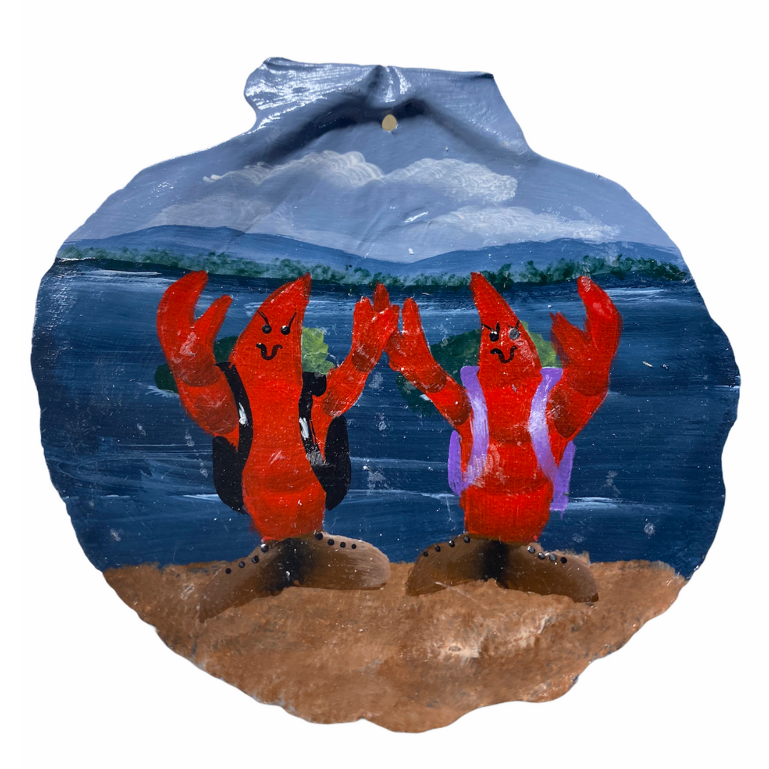 2 Lobster Hikers Hand Painted on a Sea Shell