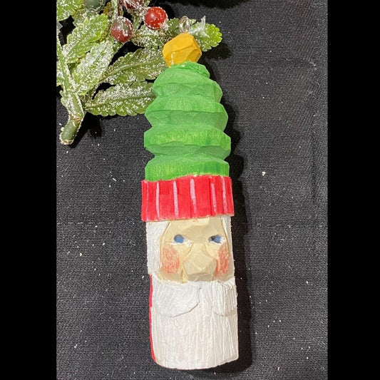 Hand Carved  Santa Claus with a Christmas Tree Hat - Christmas Tree Ornament 4"