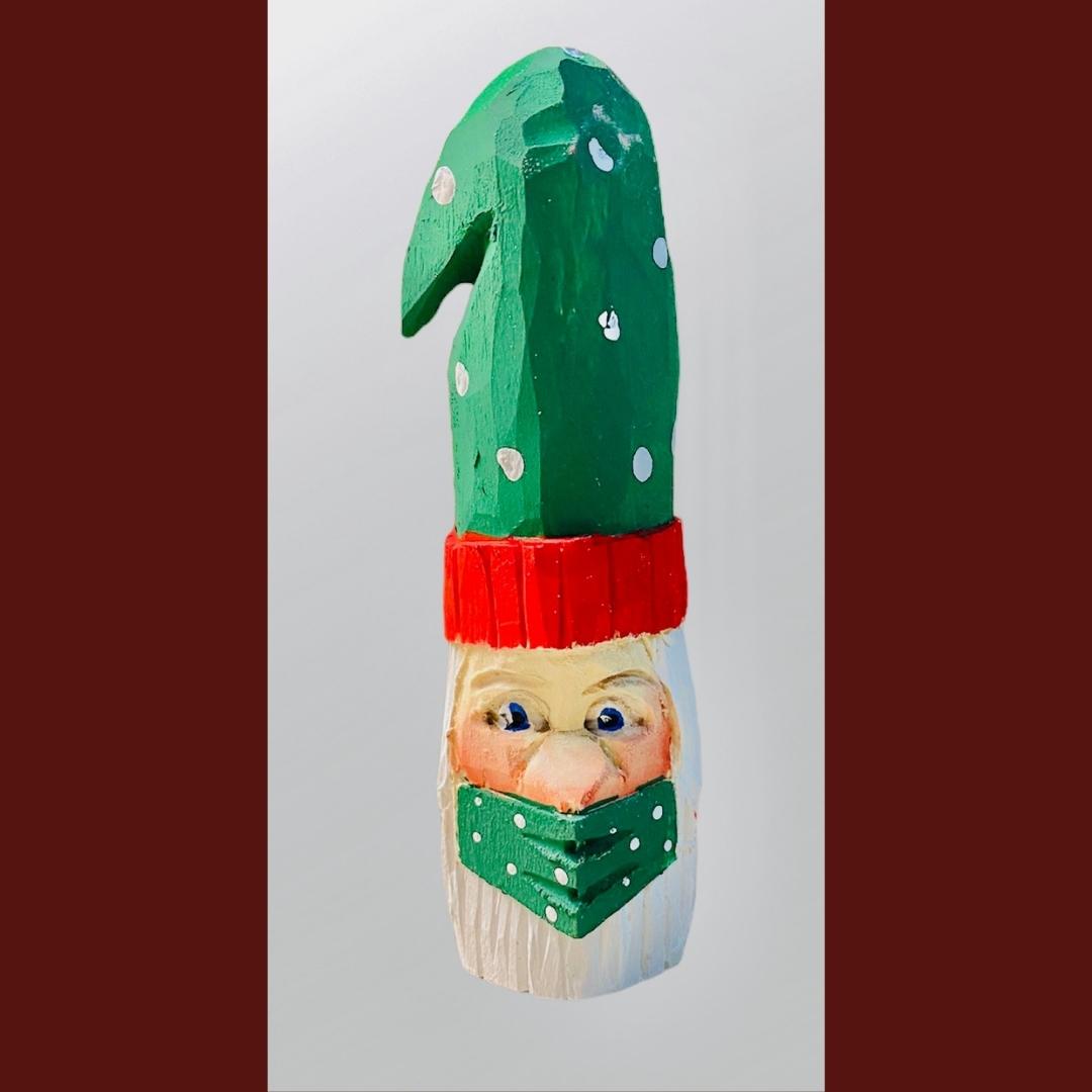 Hand Carved Santa Clause wearing a Mask Christmas Ornament 4"