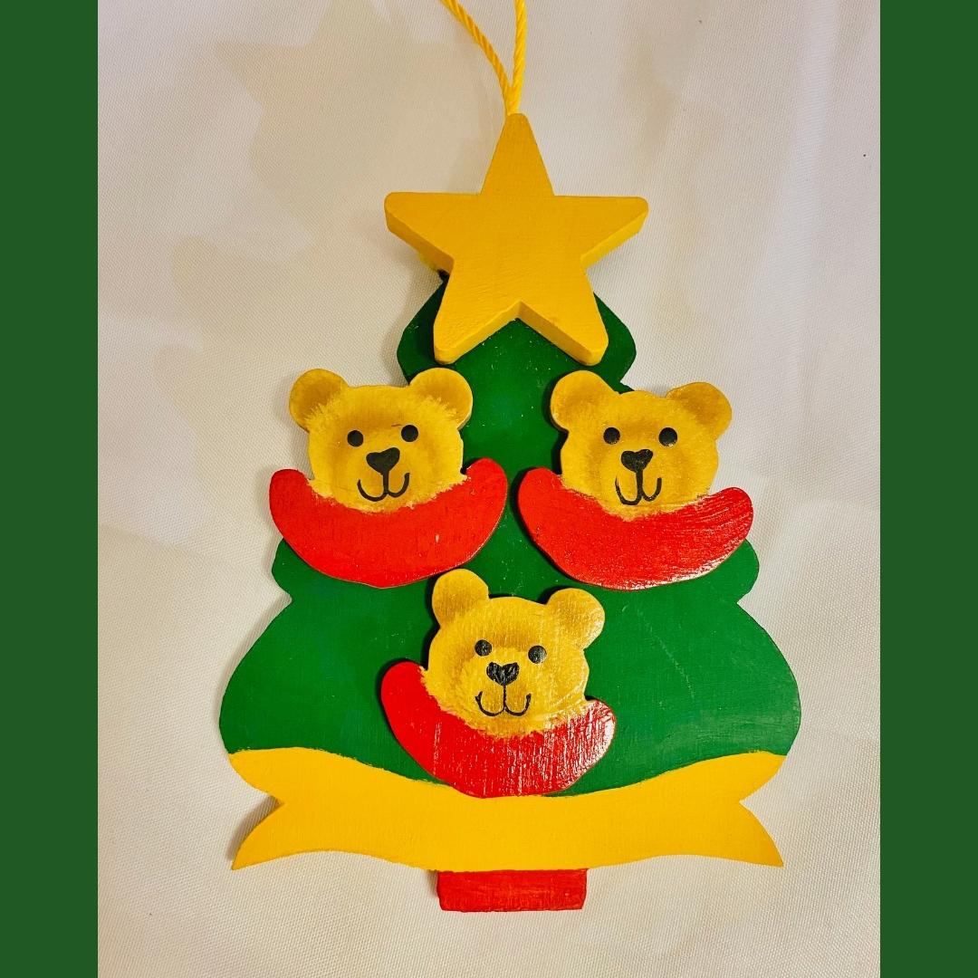 Personalized Ornament 3 Bear Faces on a Christmas Tree  4.5" x 3.5"