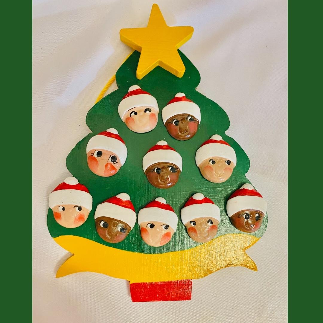 Personalized Ornament 10 Santa Faces on a Christmas Tree  6" x 4.5"