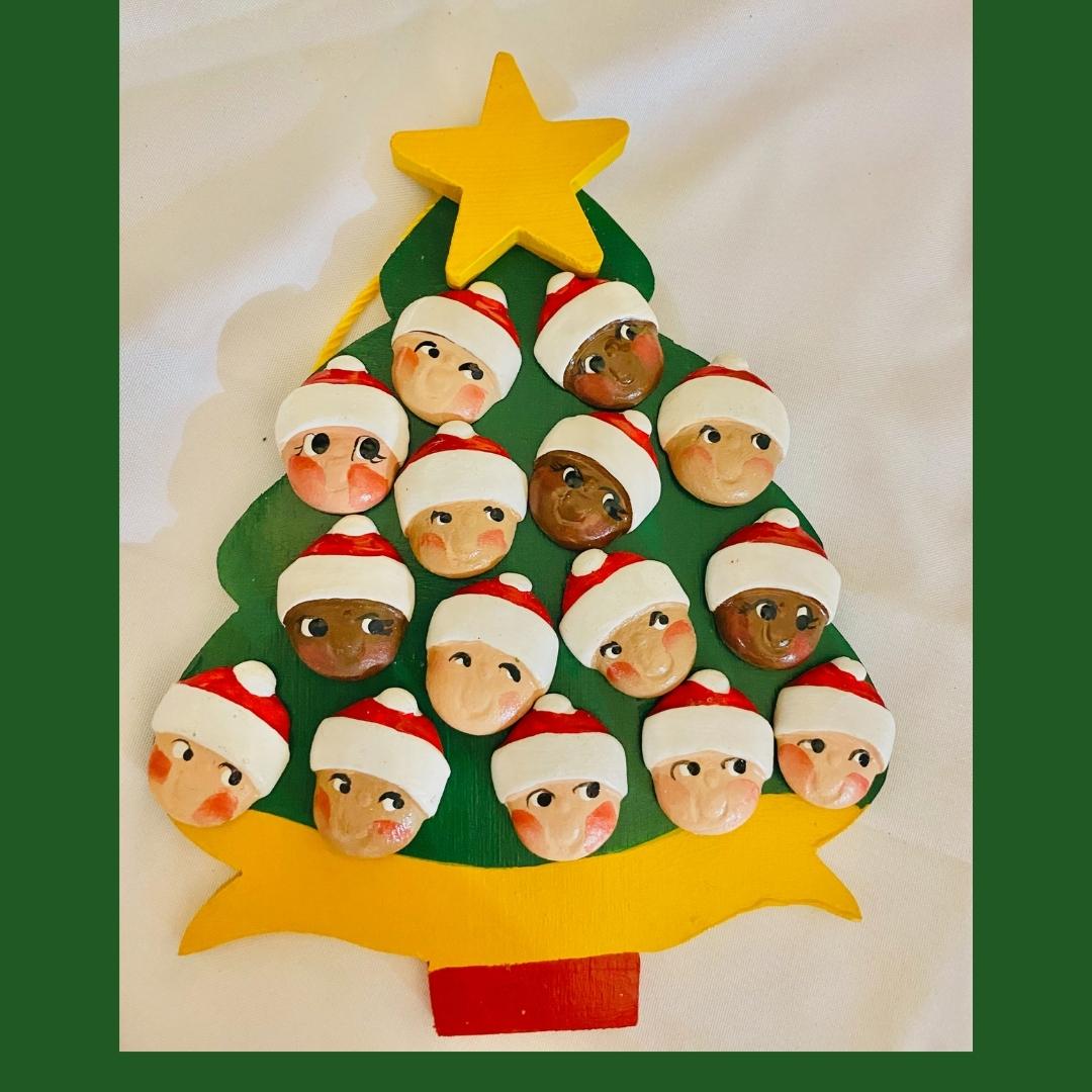 Personalized Ornament 15 Santa Faces on a Christmas Tree  6" x 4.5"