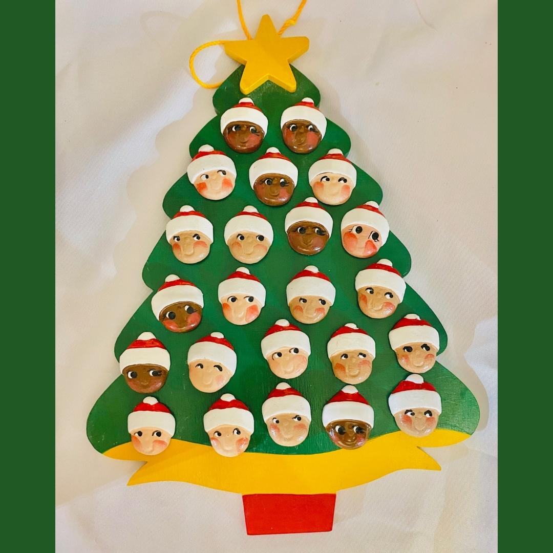 Personalized Ornament 23 Santa Faces on a Christmas Tree  8.5" x 7"