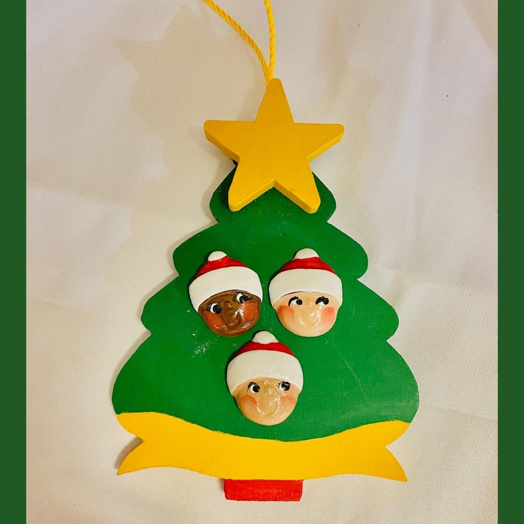 Personalized Ornament 3 Santa Faces on Christmas Tree 4.5" x 3.5"