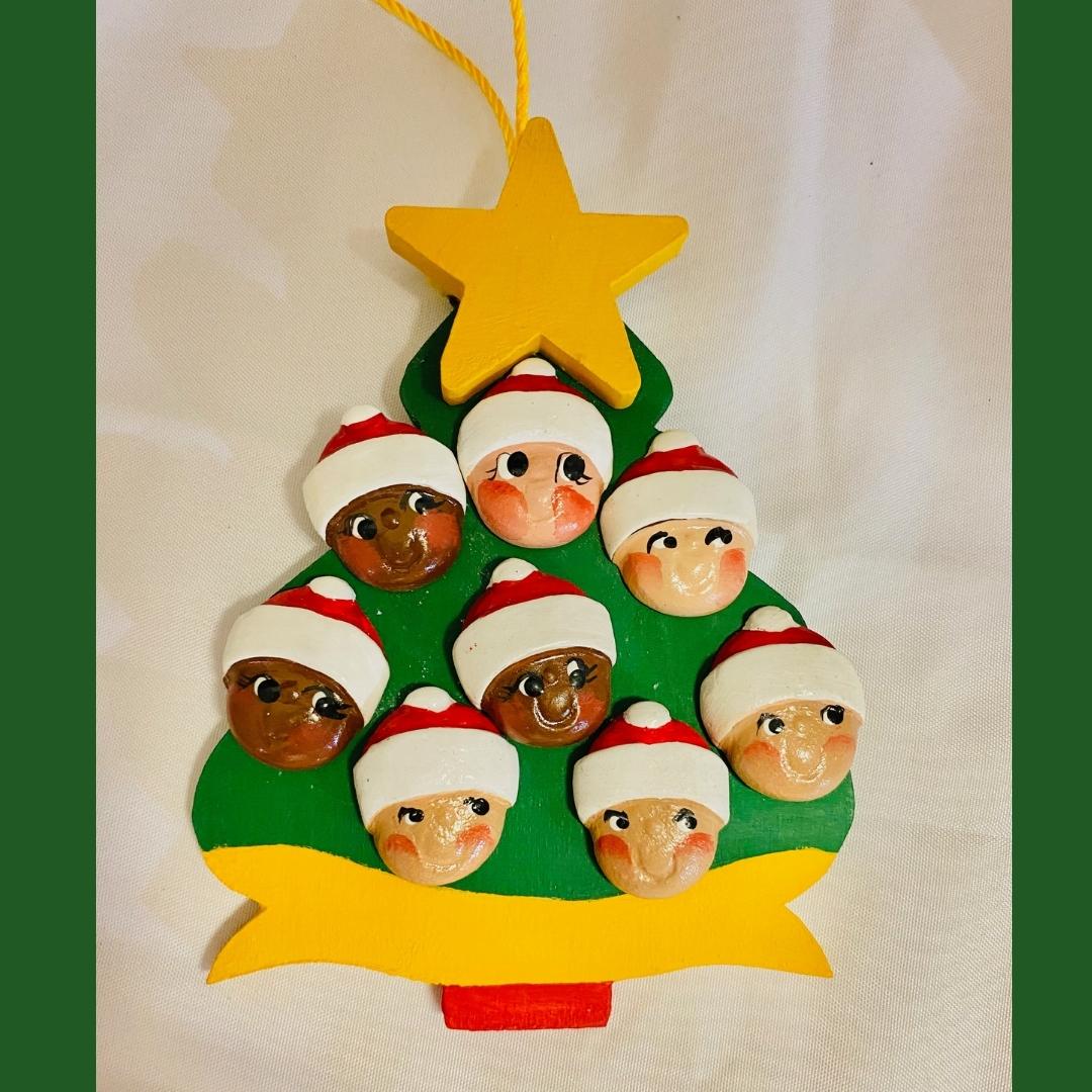 Personalized Ornament 8 Santa Faces on a Christmas Tree 4.5" x 3.5""
