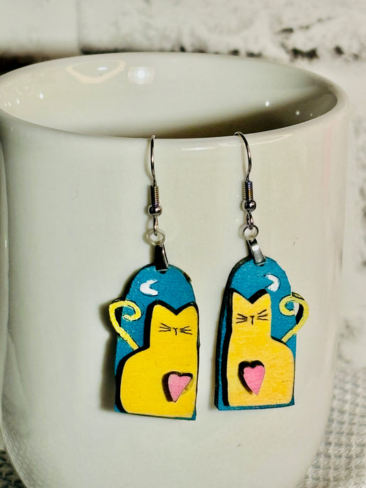 Whimsical Cat Hand Painted Wooden Earrings