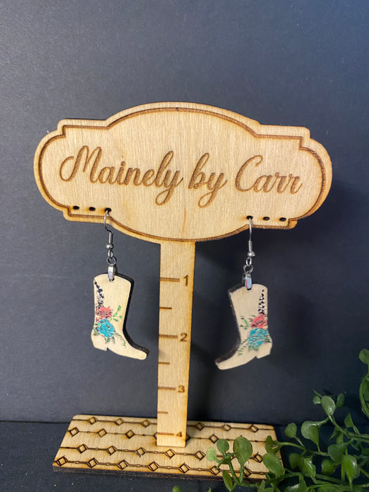 Cowboy Boot Earrings with Flowers and Feather