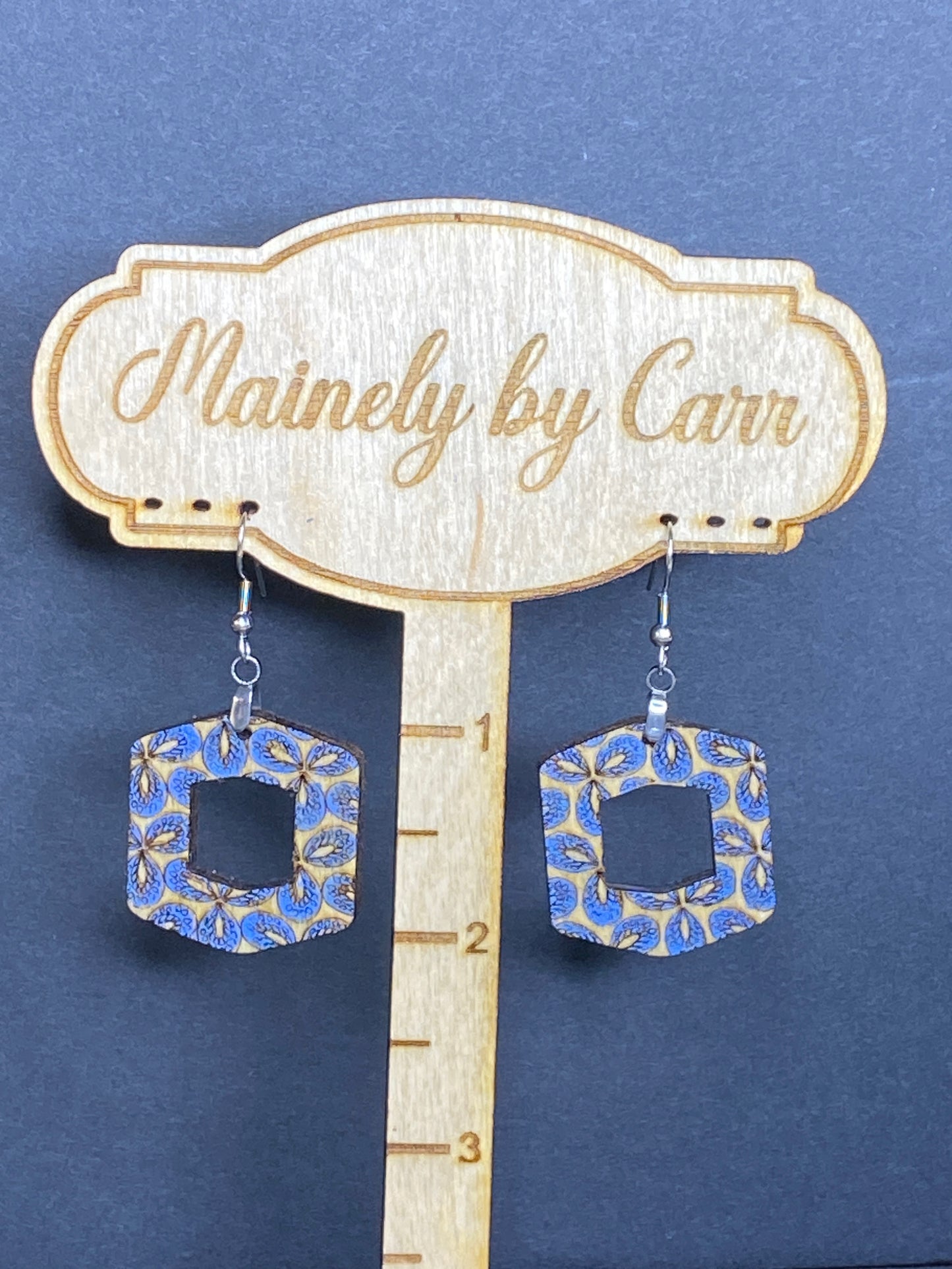 Wooden Hexagon Earring with Paisley Design