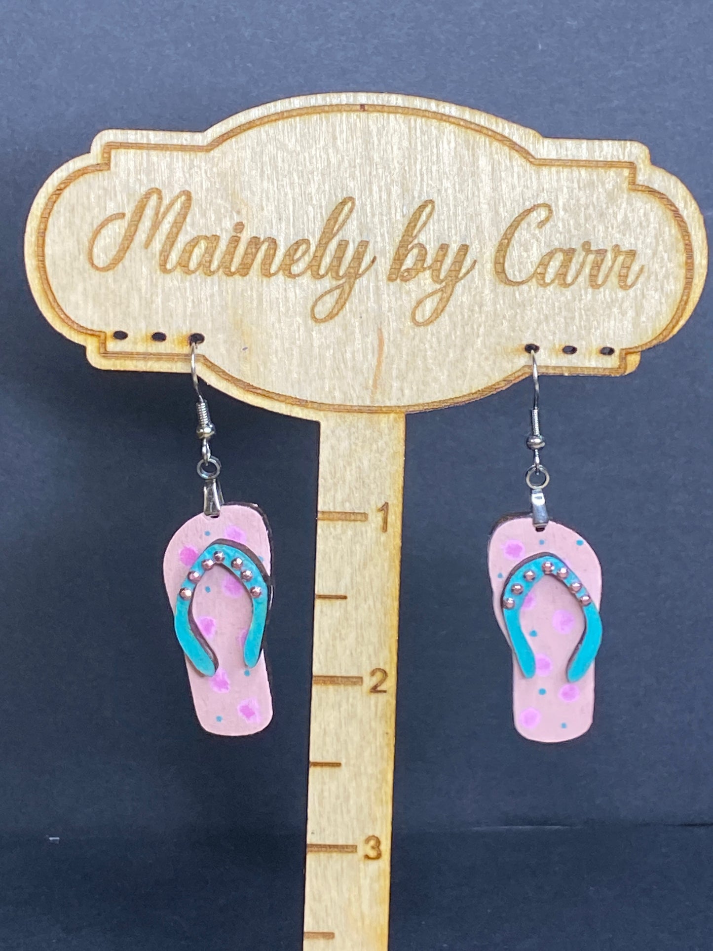 Hand painted Pink Flip Flop Earrings with Dots and Gems