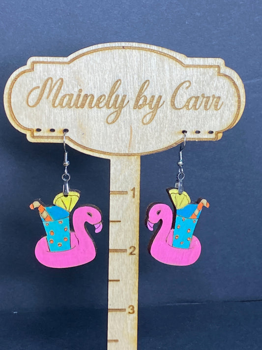 Summer Drink on Flamingo Float Wooden Earring
