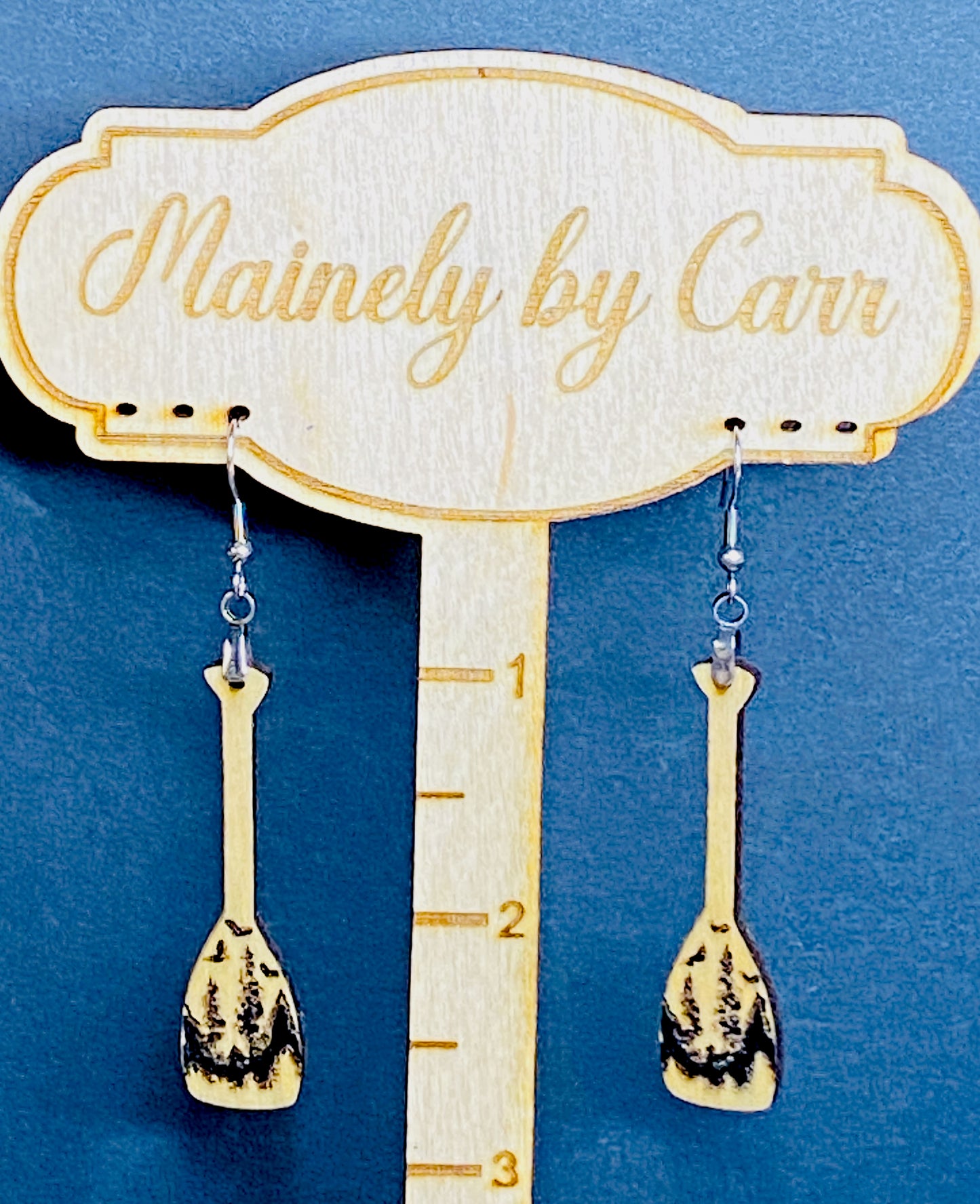 Canoe Paddle Wooden Earrings with Forest Design