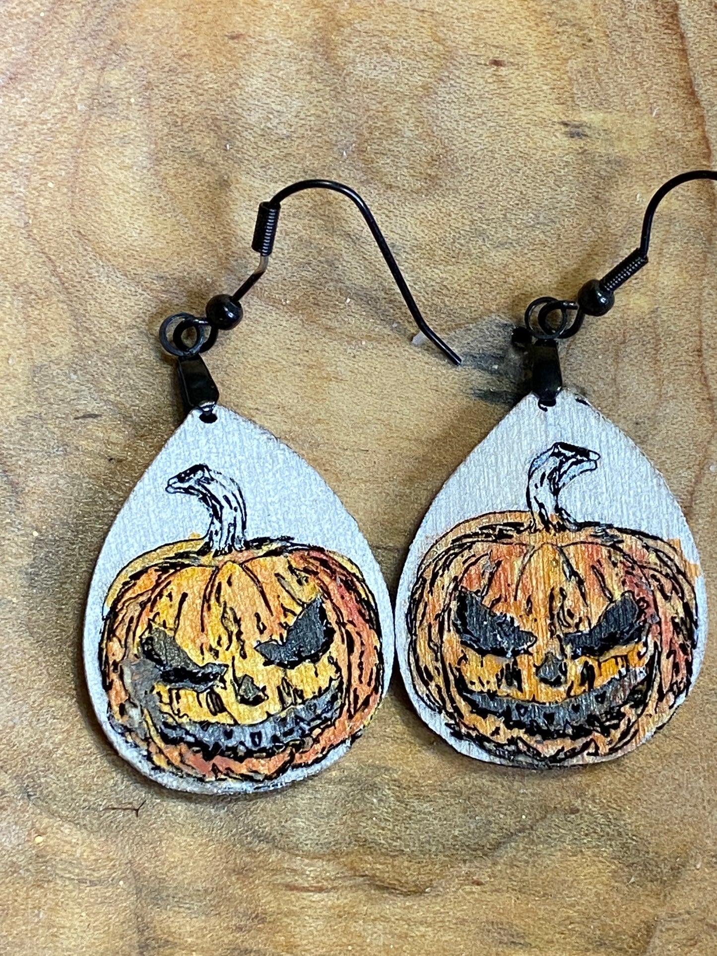 Angry Pumpkin Hand Painted Wooden Earrings