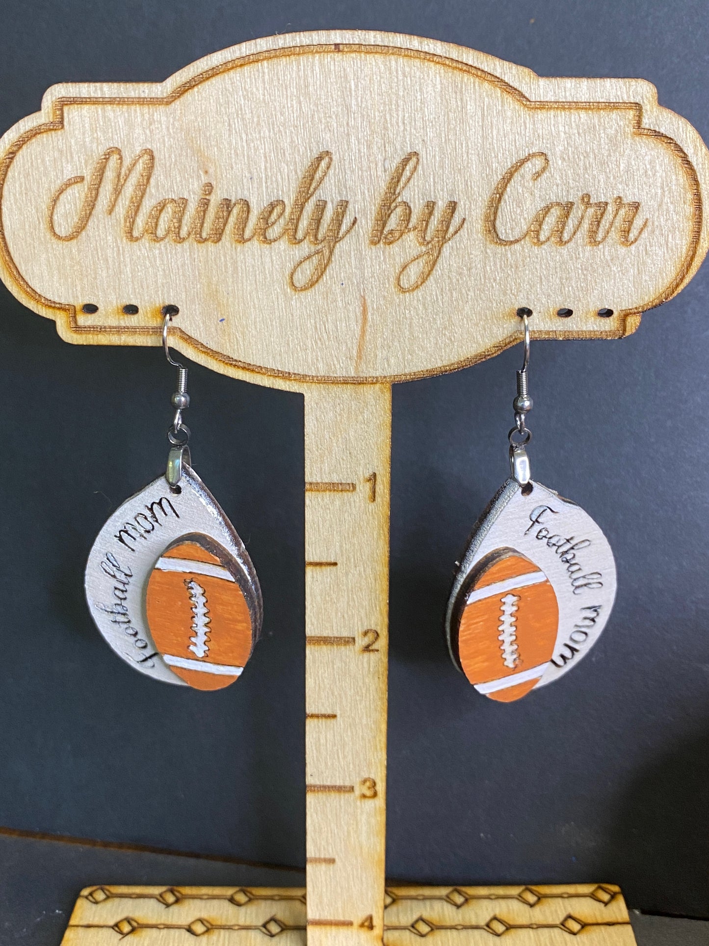 Football Mom - Hand Painted Wooden Earrings with 3D Football - School Color Football available