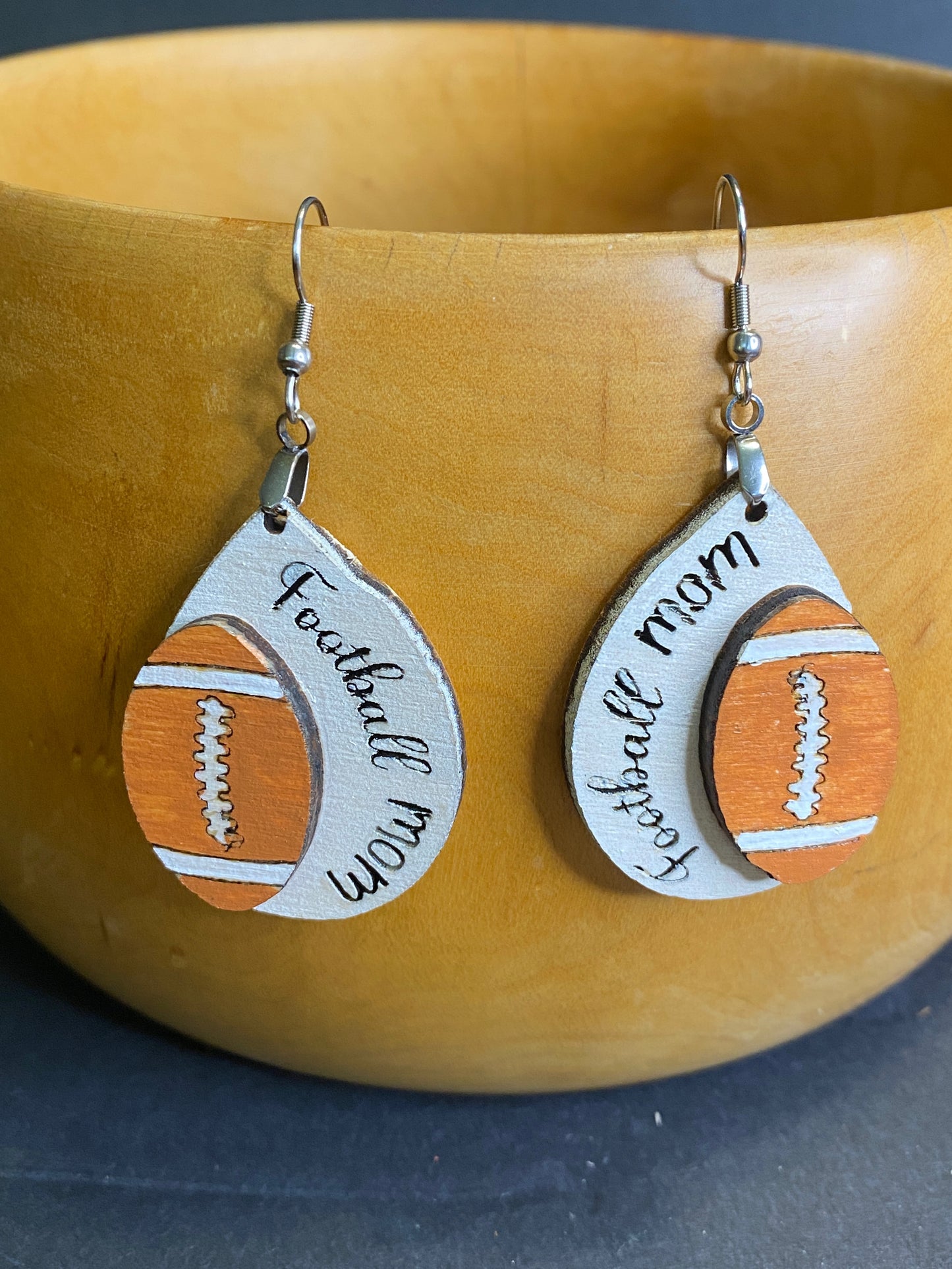 Football Mom - Hand Painted Wooden Earrings with 3D Football - School Color Football available