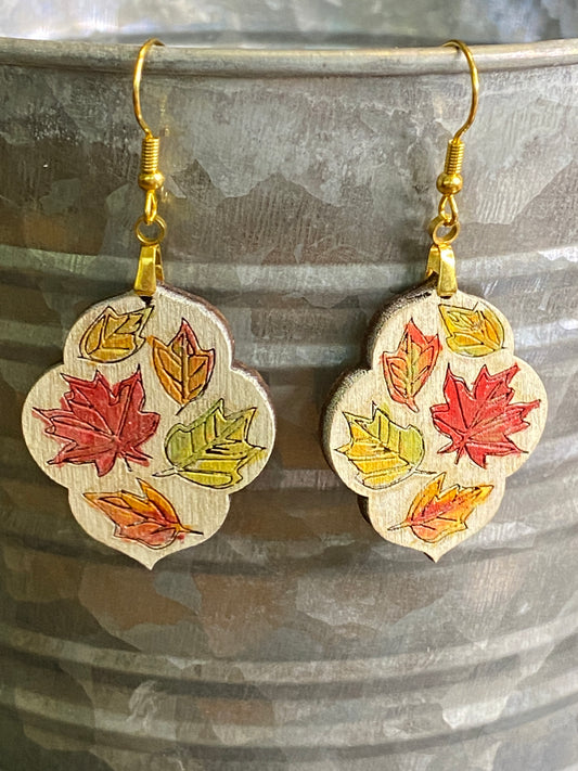 Blowing Leaves - Hand Painted Fall Leaves on Wooden Dangle Earring