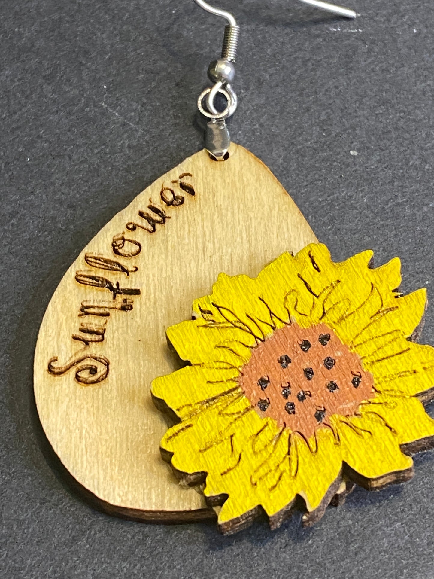 Sunflower 3D Hand Painted Wooden Dangle Earring