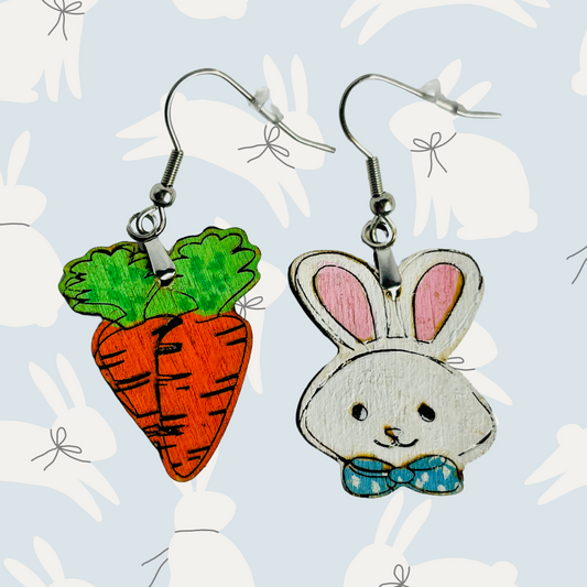 Easter Dangles - Carrot and Bunny Wooden Earrings