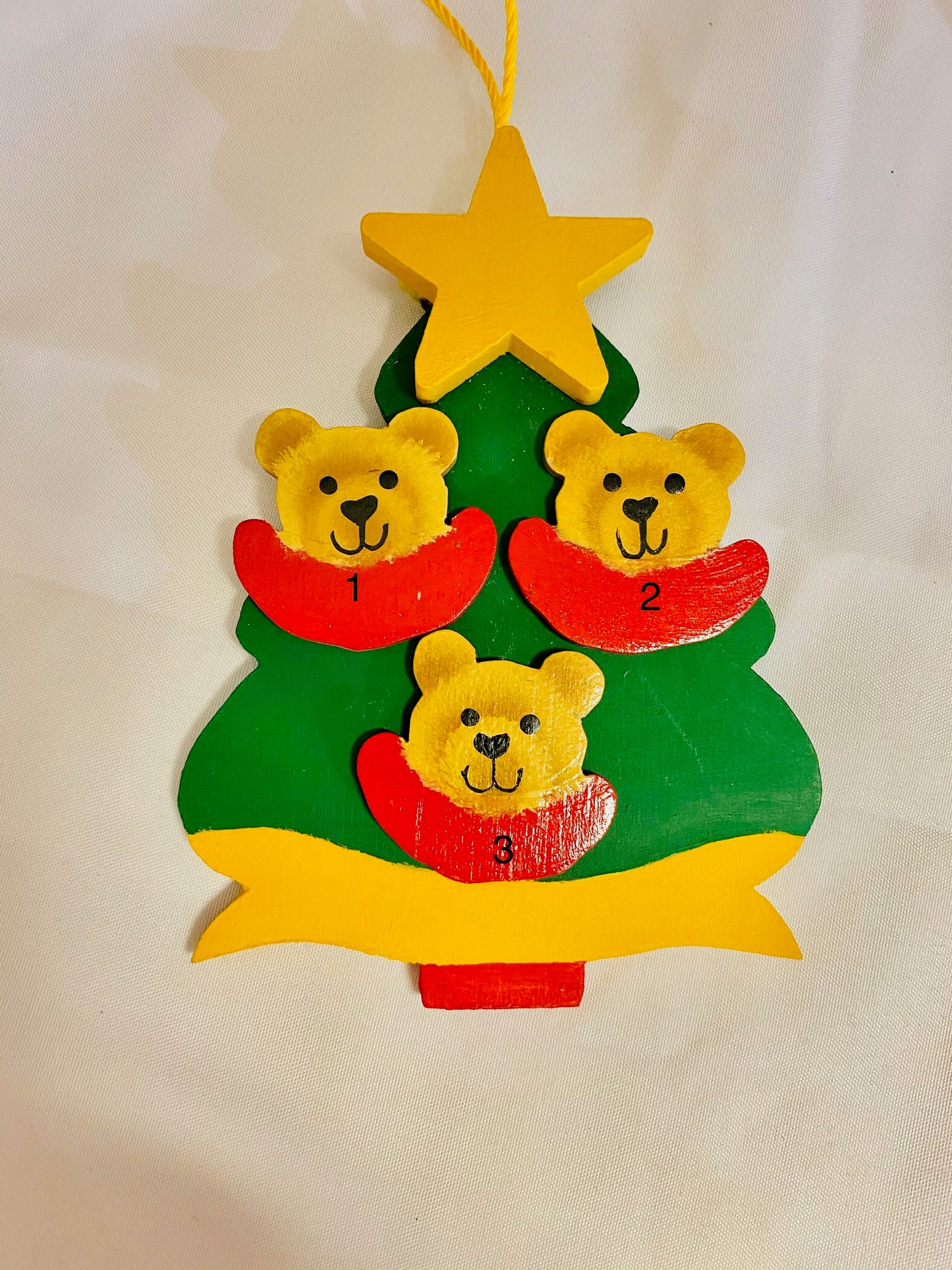 Personalized Ornament 3 Bear Faces on a Christmas Tree  4.5" x 3.5"