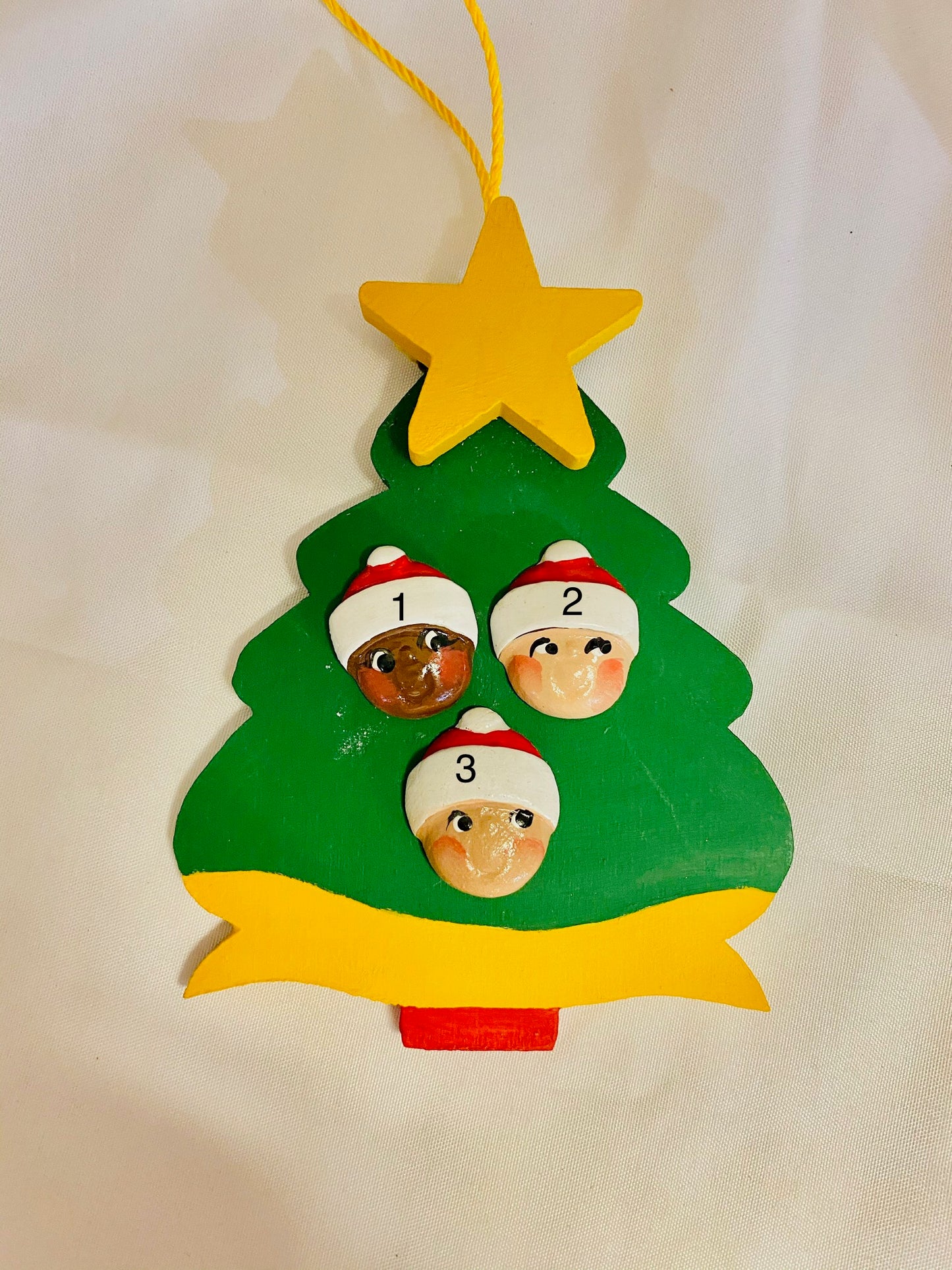 Personalized Ornament 3 Santa Faces on Christmas Tree 4.5" x 3.5"
