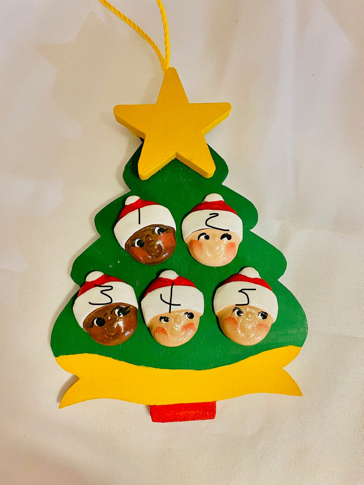 Personalized Ornament 5 Santa Faces on a Christmas Tree  4.5" 3.5"