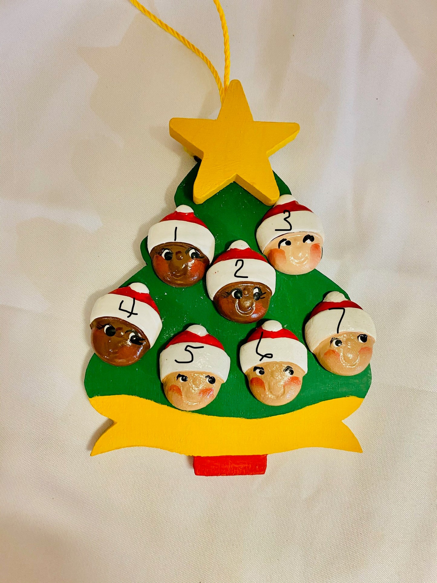 Personalized ornament 7 Santa Faces on a Christmas Tree  4.5" x 3.5"