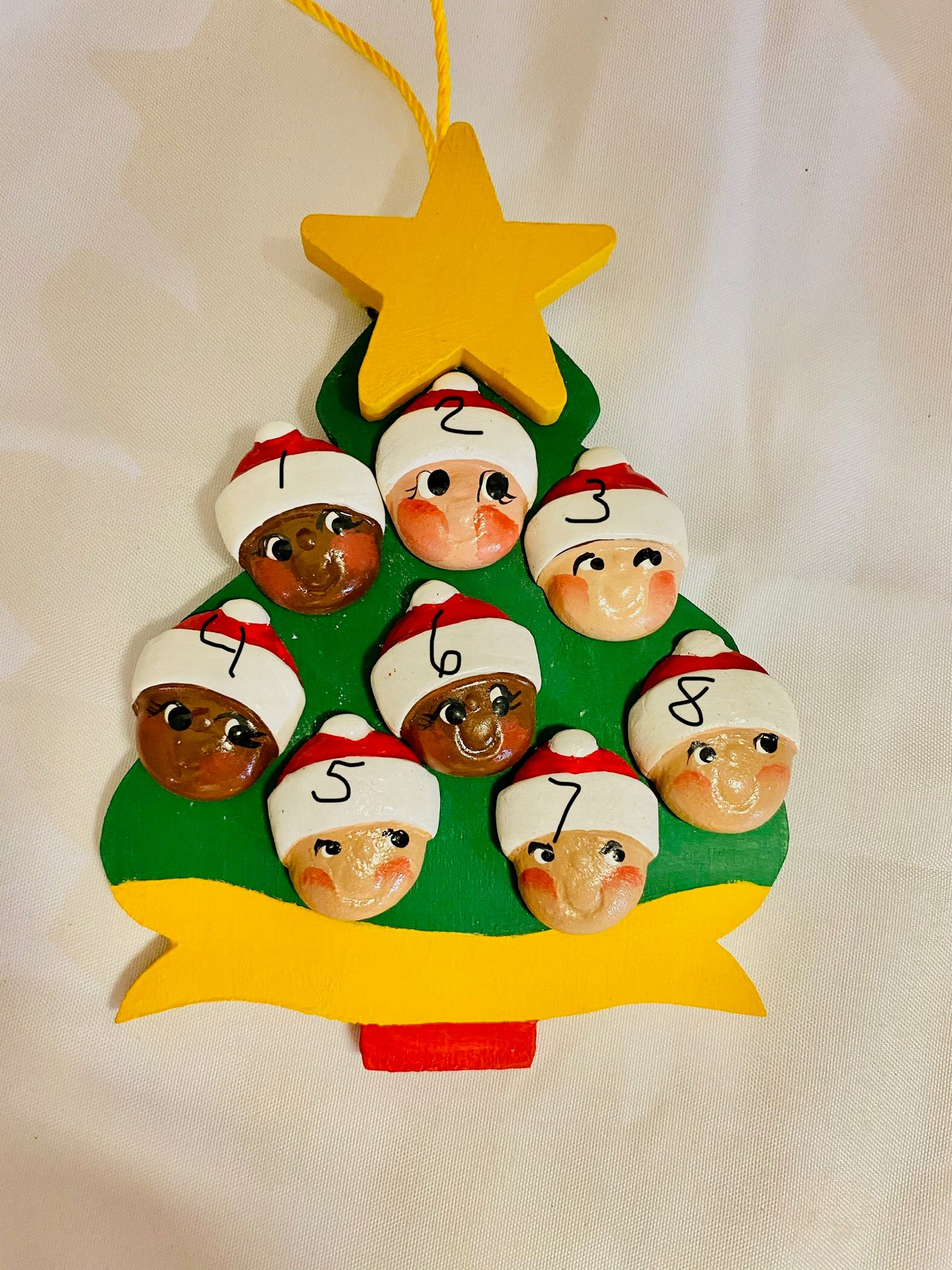 Personalized Ornament 8 Santa Faces on a Christmas Tree 4.5" x 3.5""