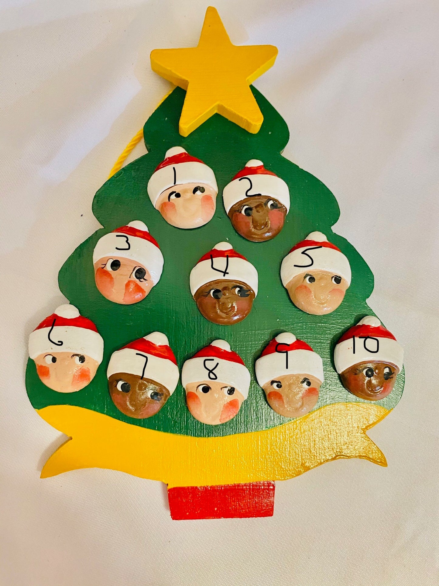 Personalized Ornament 10 Santa Faces on a Christmas Tree  6" x 4.5"