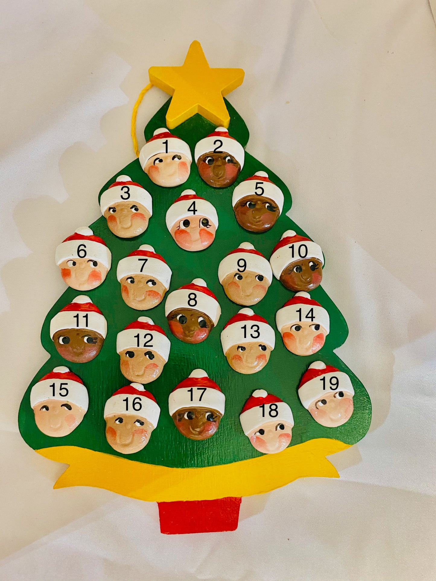 Personalized Ornament 19 Santa Faces on a Christmas Tree 7.5" x 6""