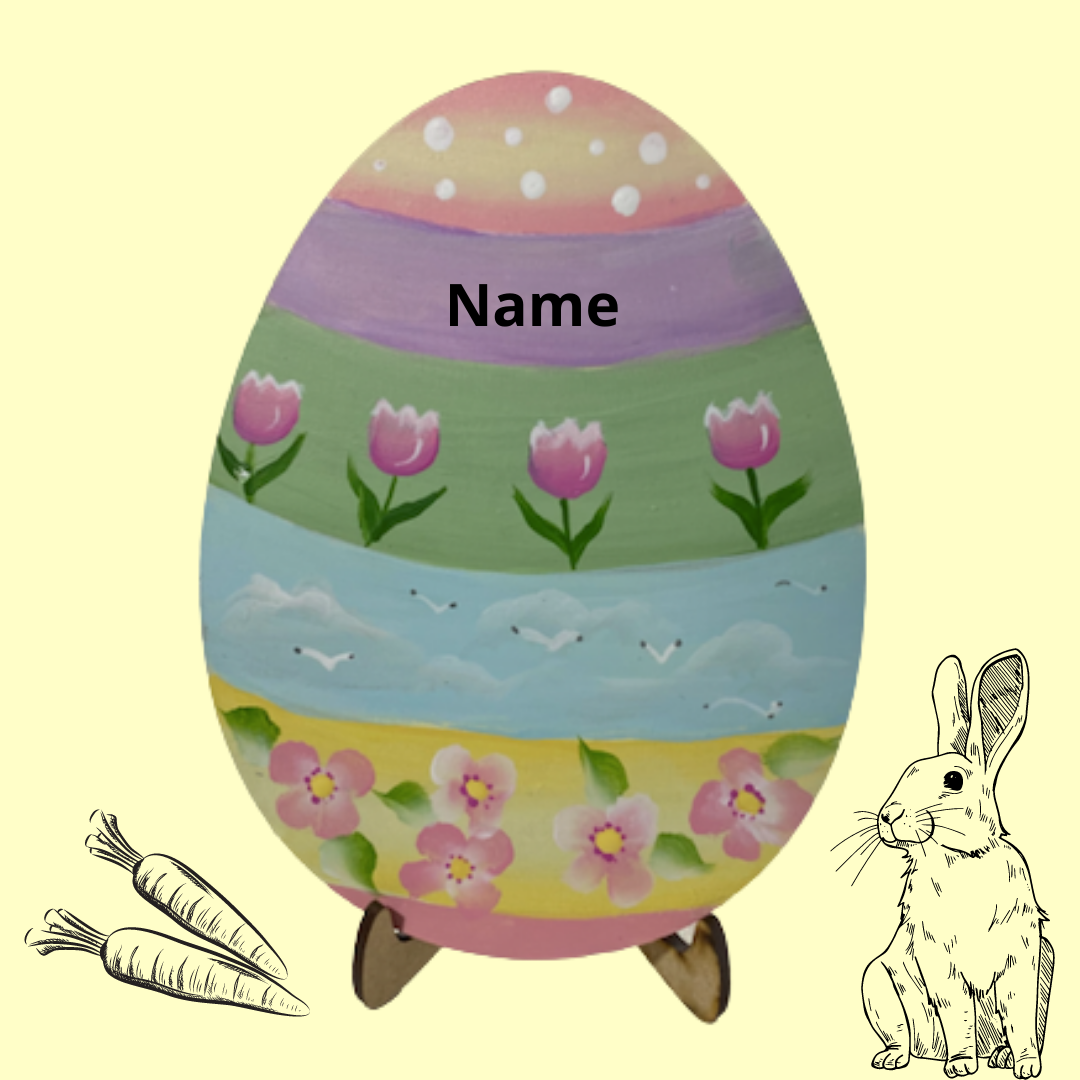 Personalized Hand Painted Easter Egg on a  Wooden Stand measures 6" x 4.5"
