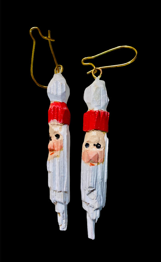 Hand Carved Santa Claus Earrings 2" x 5/16"