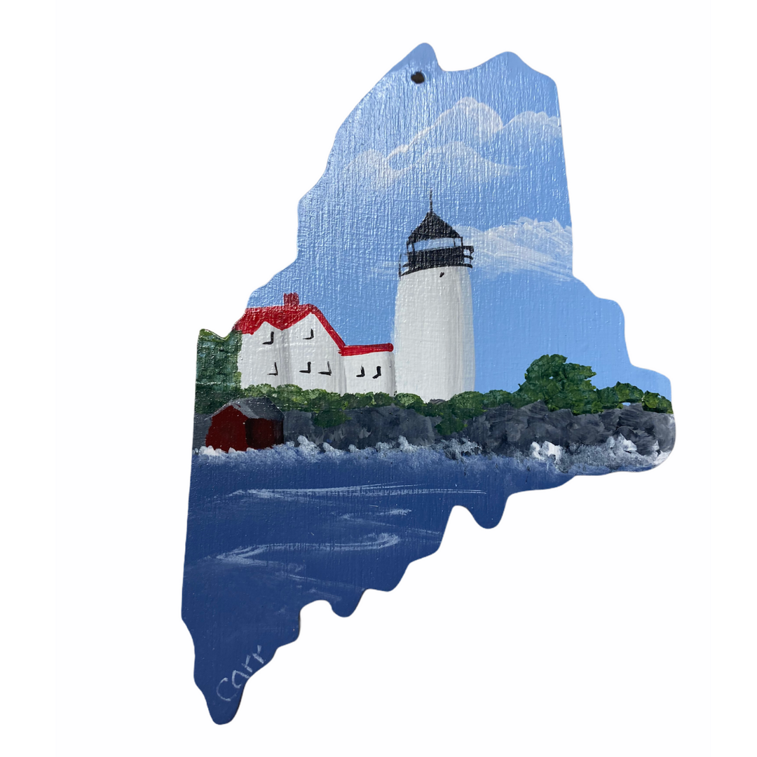 Nubble Light House Hand Painted Ornament on State of Maine wooden cutout 4"