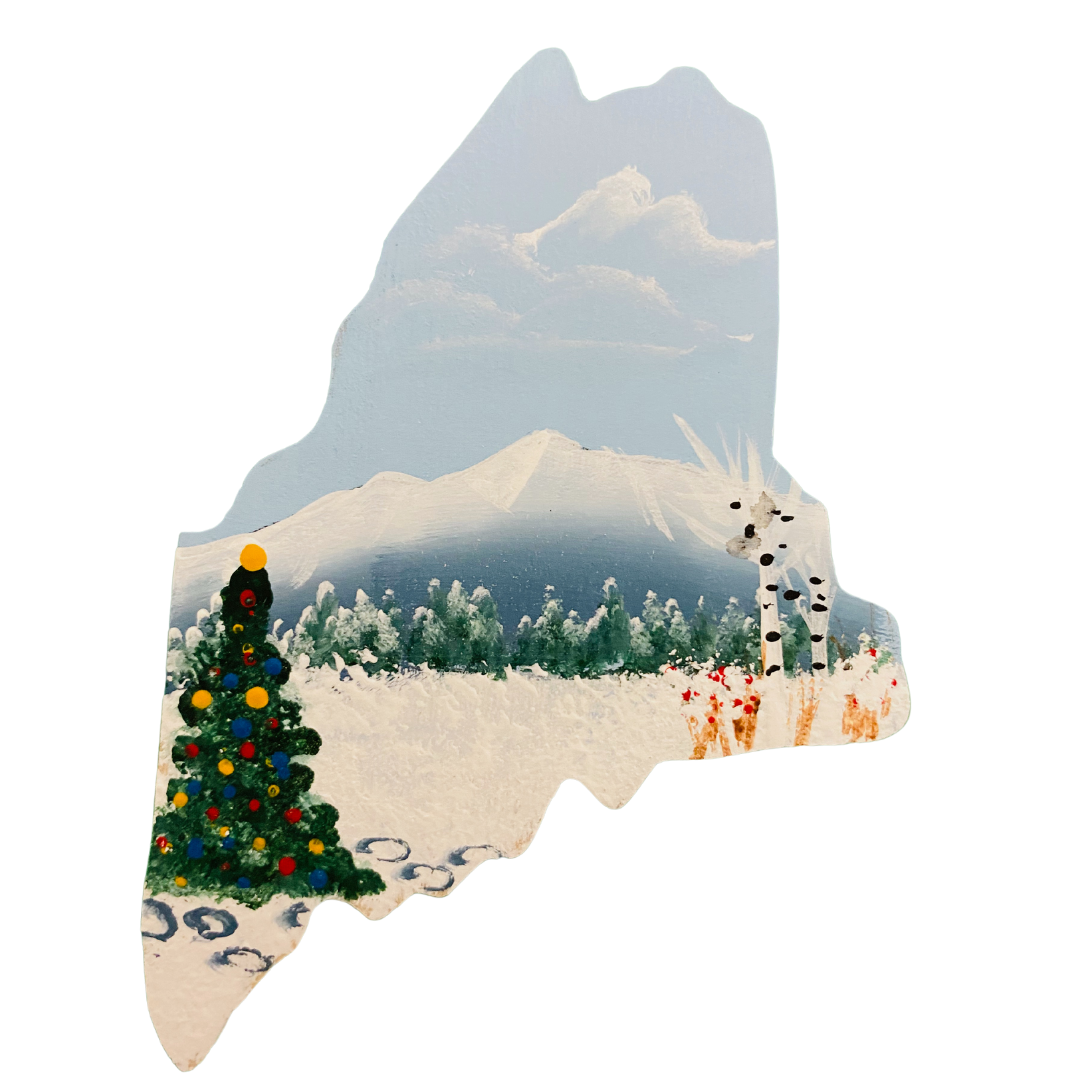 Mt. Katahdin hand painted on a State of Maine cutout.