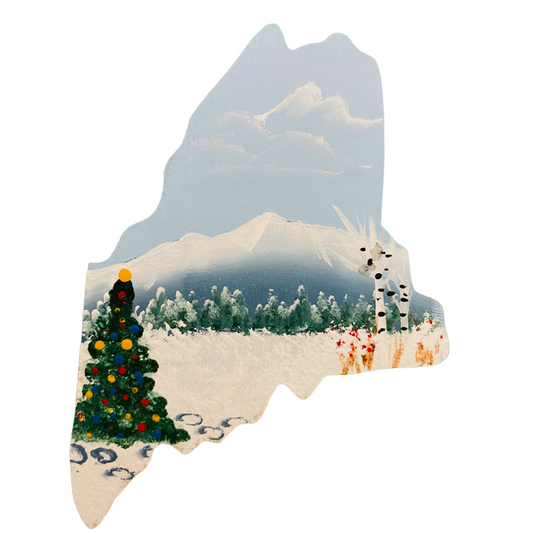 Mt. Katahdin hand painted on a State of Maine cutout.